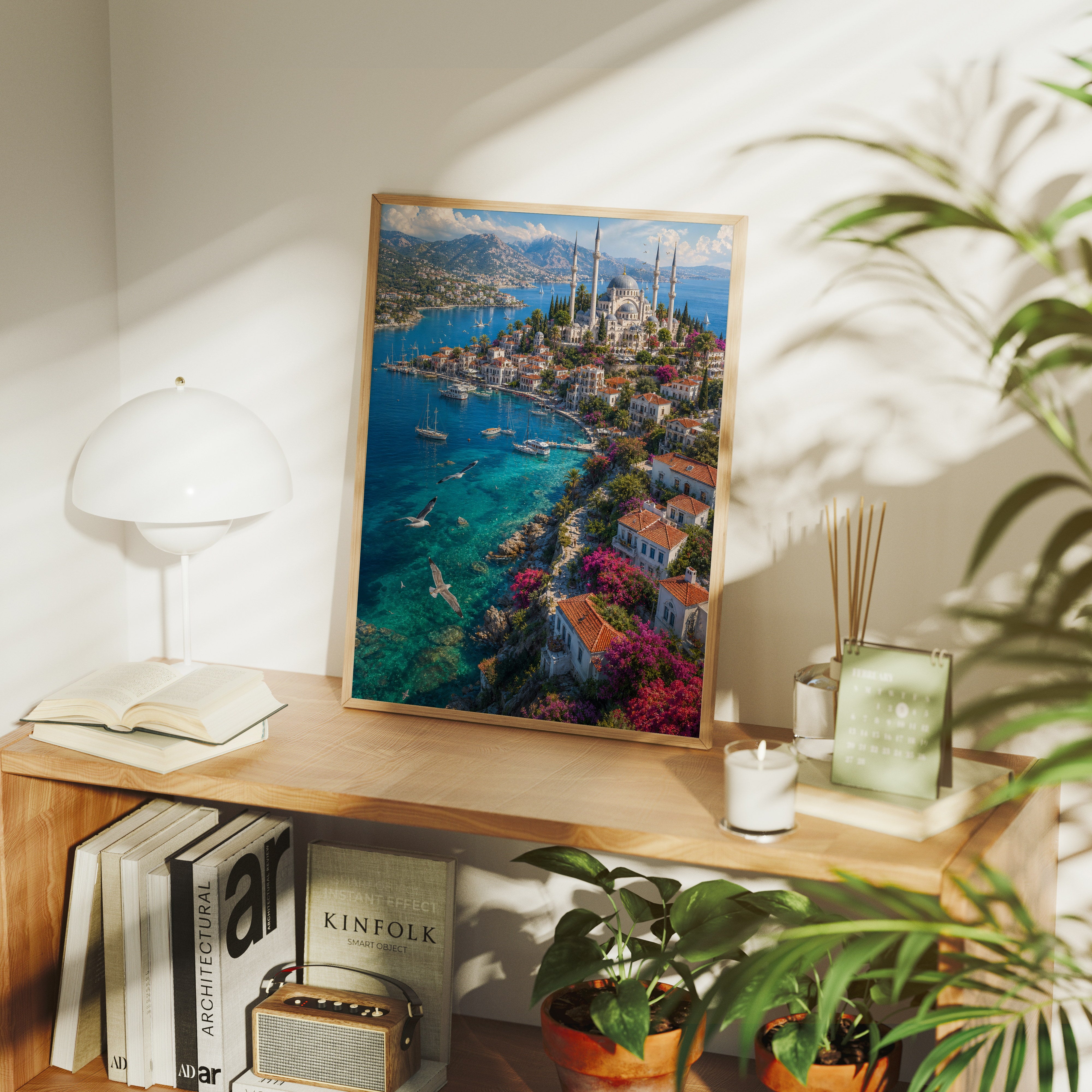 Bodrum Aegean Cliff Harbor poster gallery shelf mockup by Seji Art