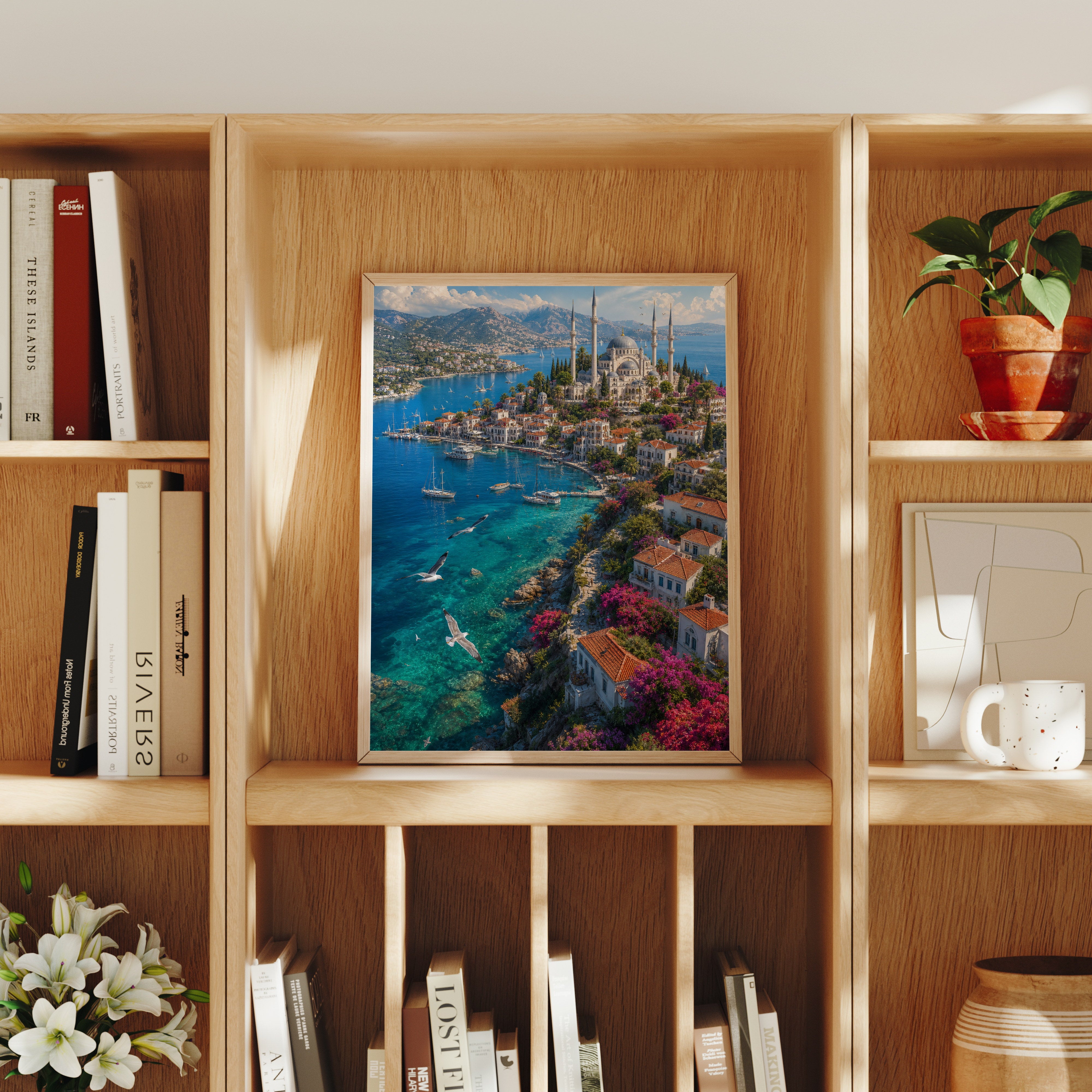 Bodrum Aegean Cliff Harbor poster home decor mockup by Seji Art