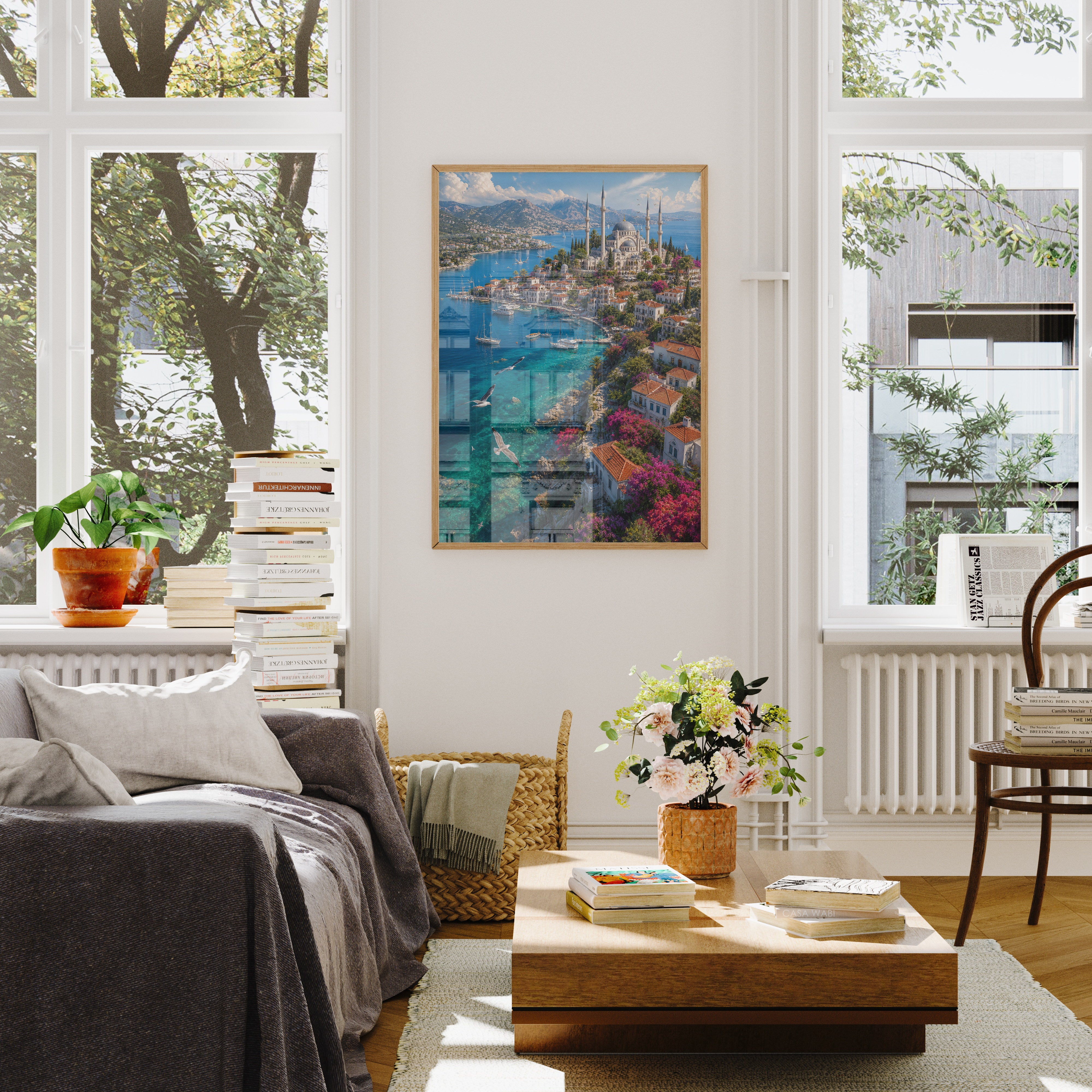 Bodrum Aegean Cliff Harbor poster wall art mockup by Seji Art