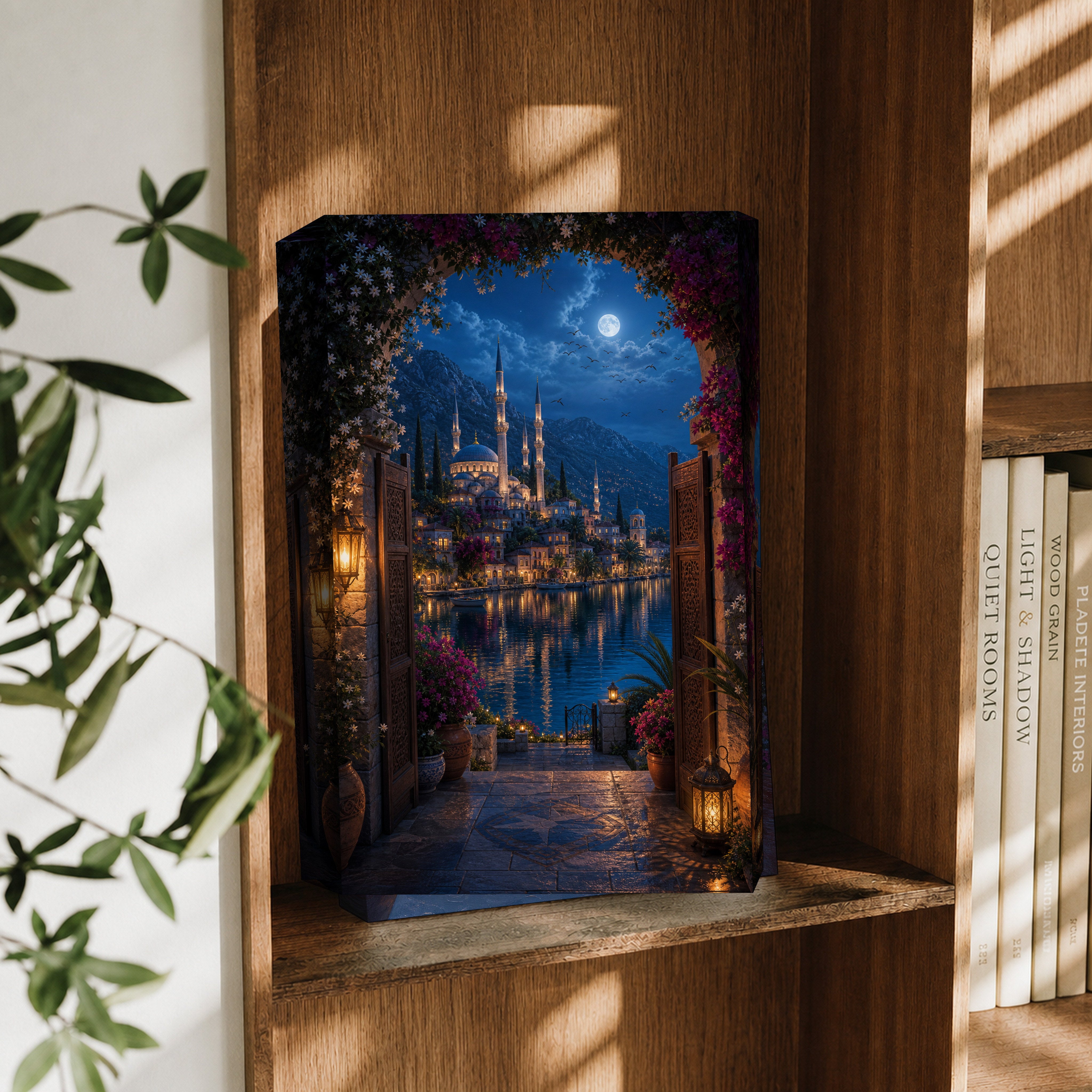 Bodrum Arched Doorway Moon Harbor canvas wall art decor mockup by Seji Art