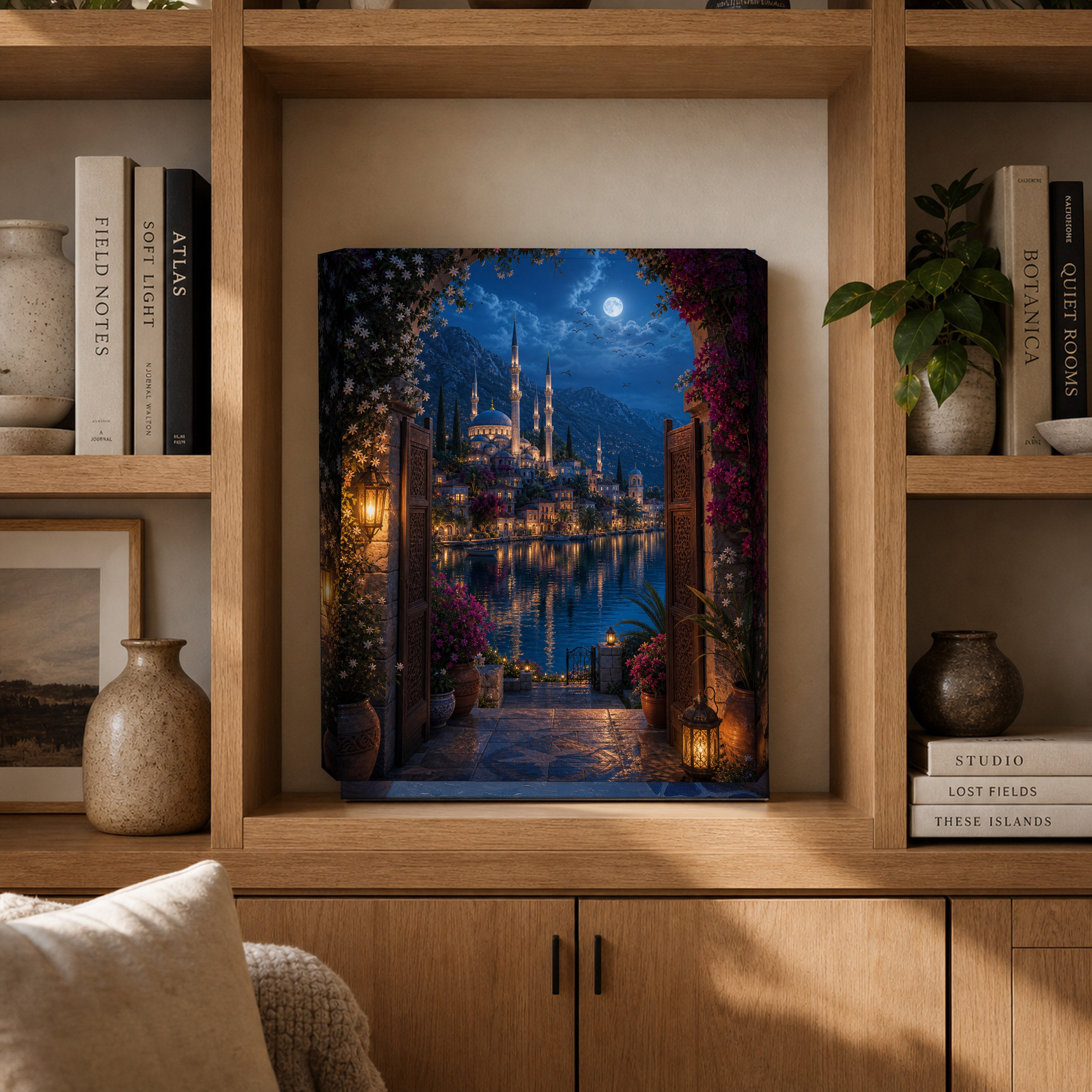 Bodrum Arched Doorway Moon Harbor canvas gallery shelf mockup by Seji Art