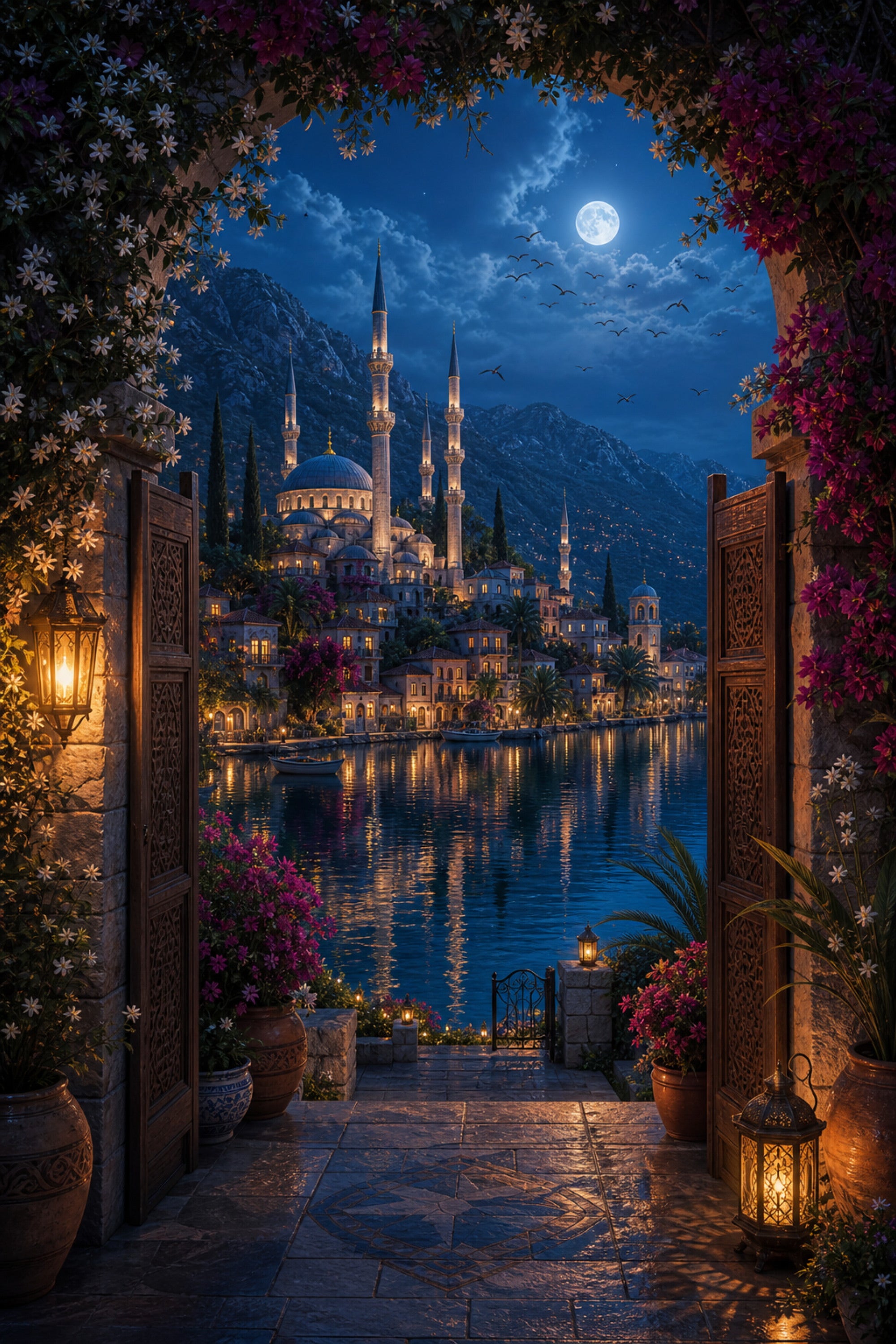 Bodrum Arched Doorway Moon Harbor poster print preview by Seji Art