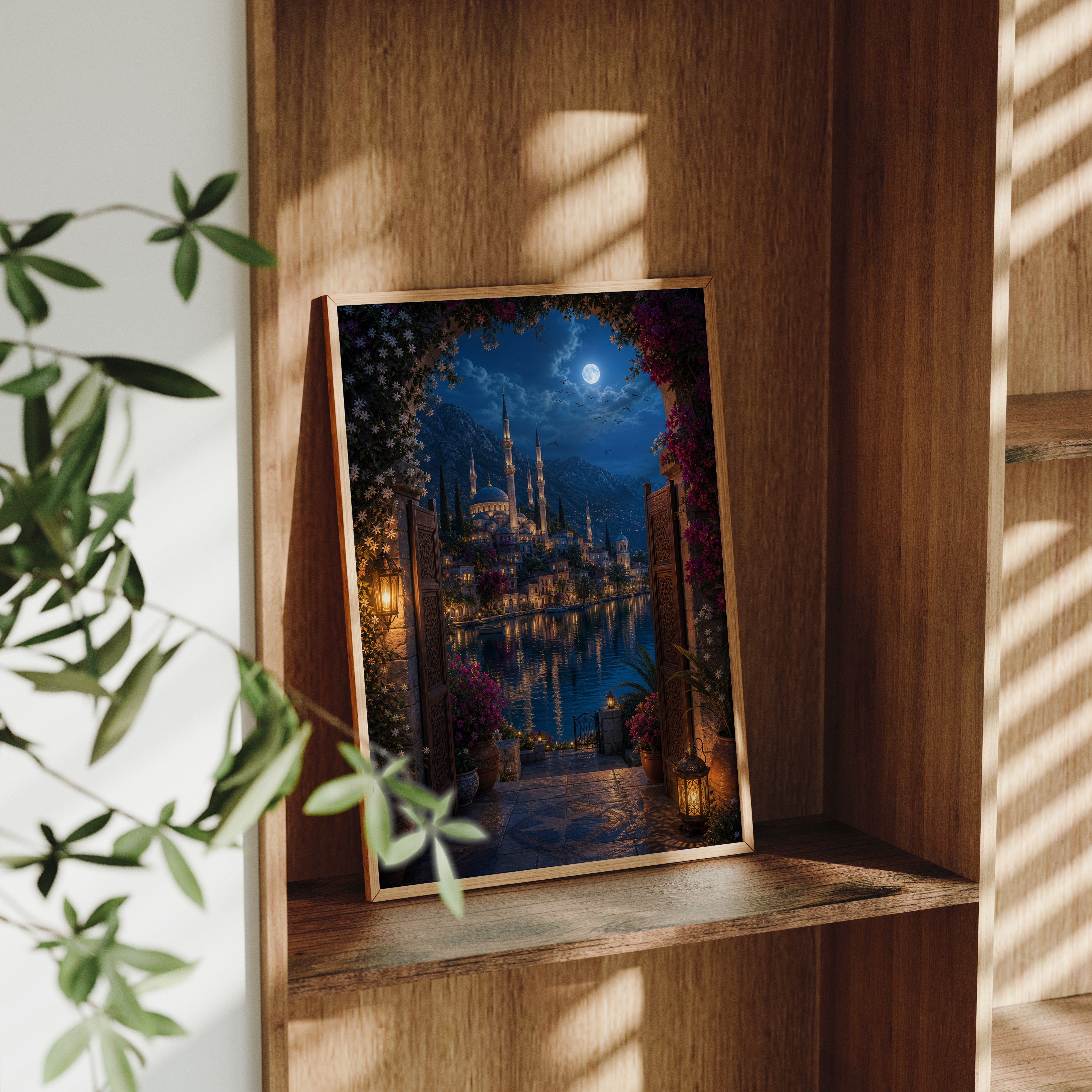 Bodrum Arched Doorway Moon Harbor poster framed room mockup by Seji Art