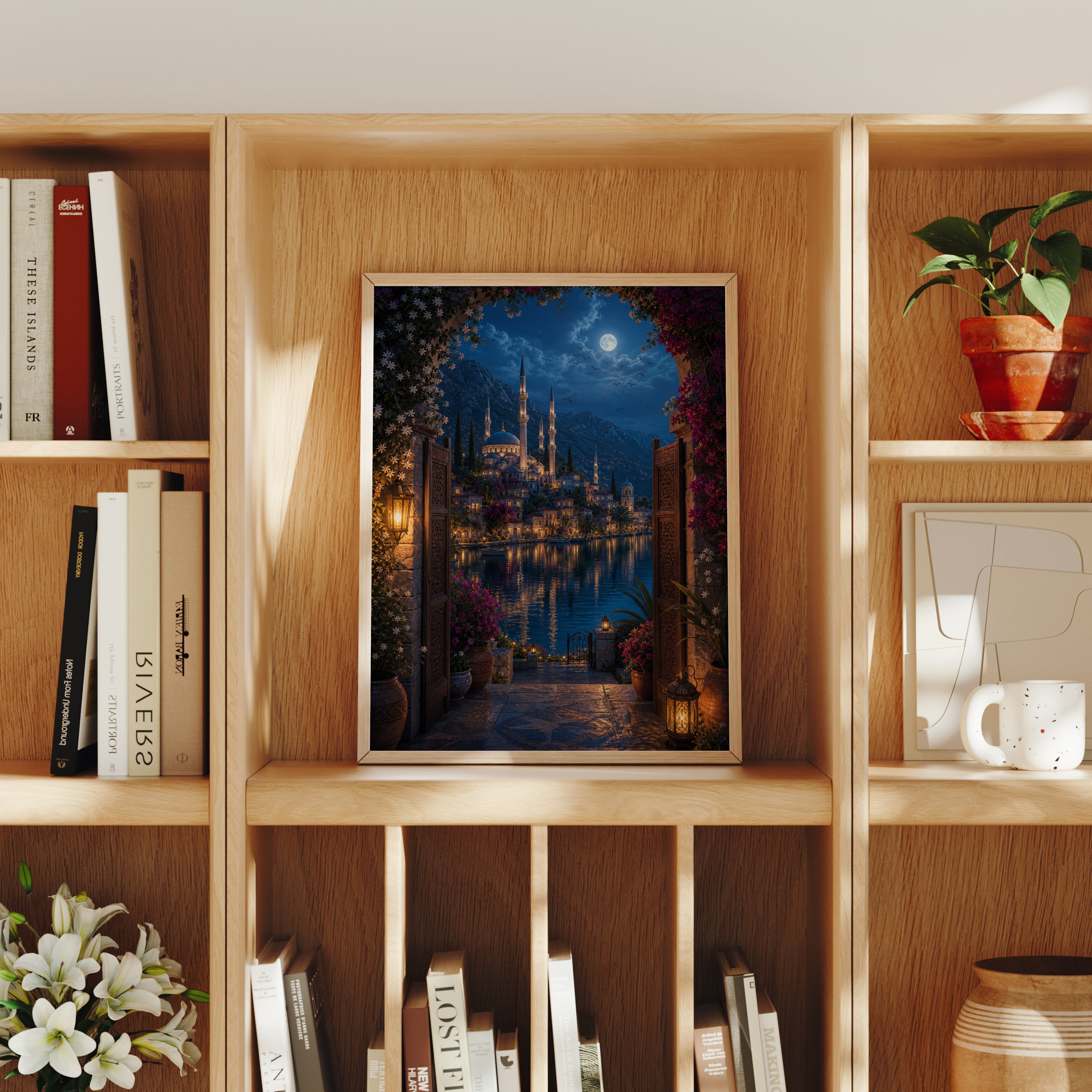 Bodrum Arched Doorway Moon Harbor poster home decor mockup by Seji Art
