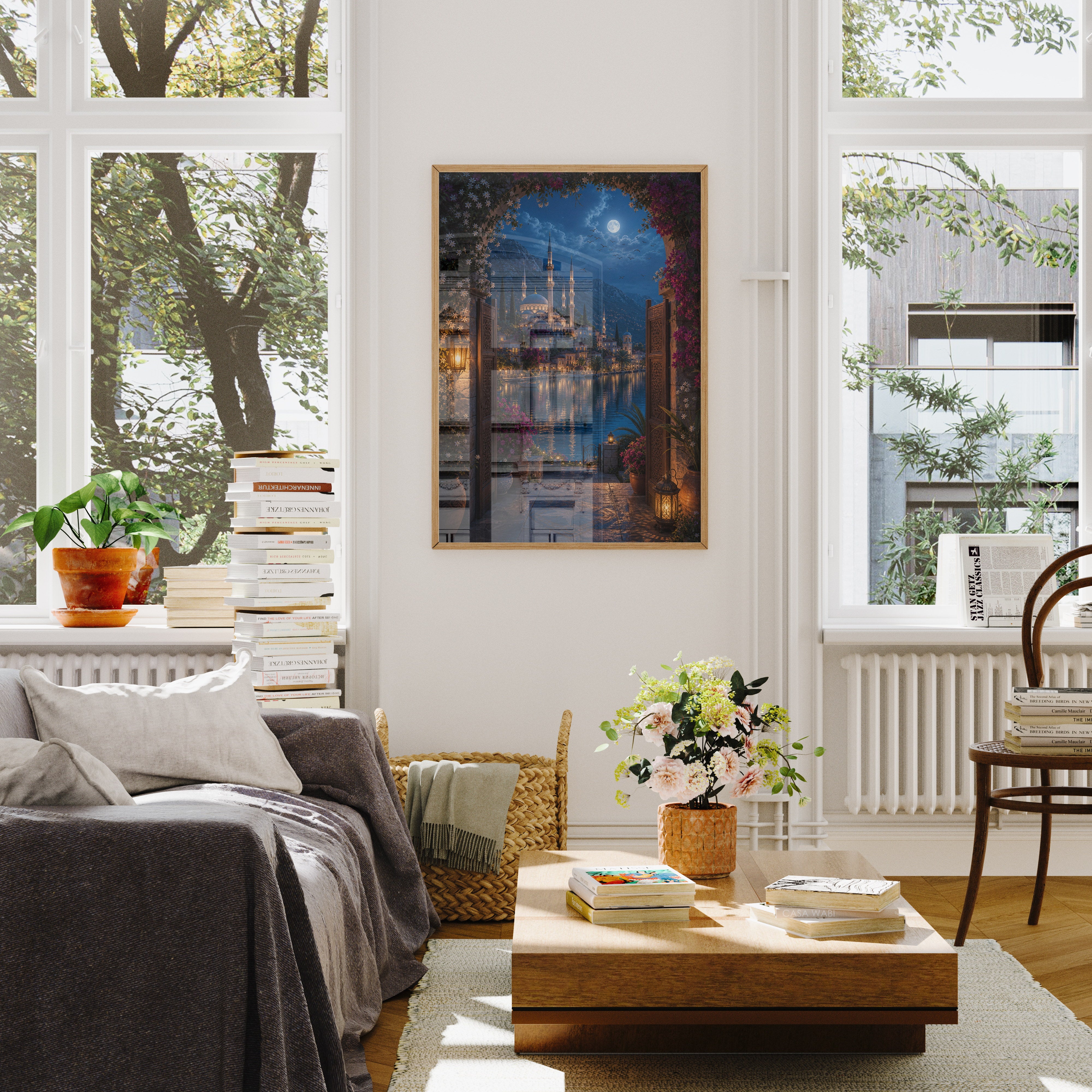 Bodrum Arched Doorway Moon Harbor poster wall art mockup by Seji Art