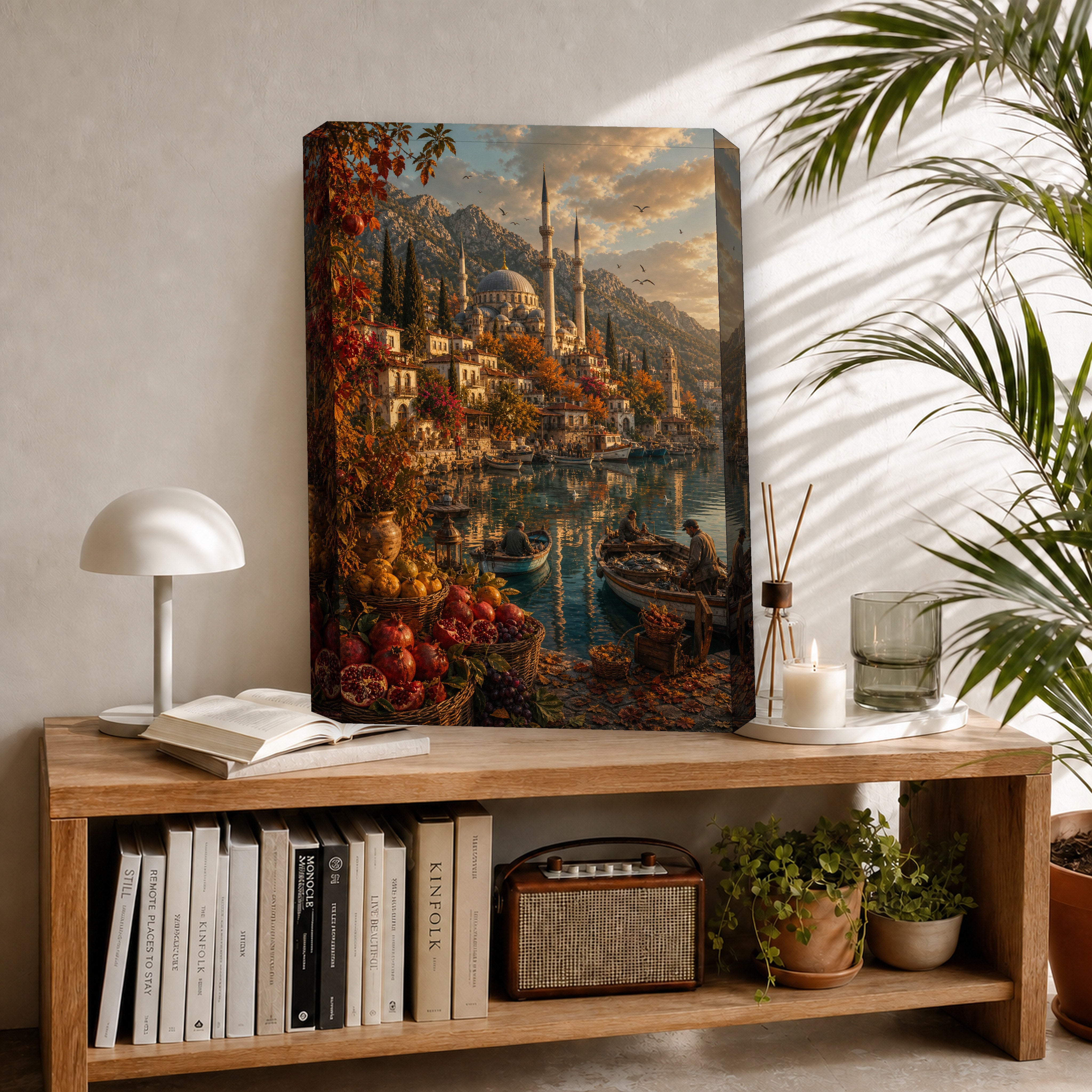 Bodrum Autumn Harbor Steps canvas room mockup by Seji Art