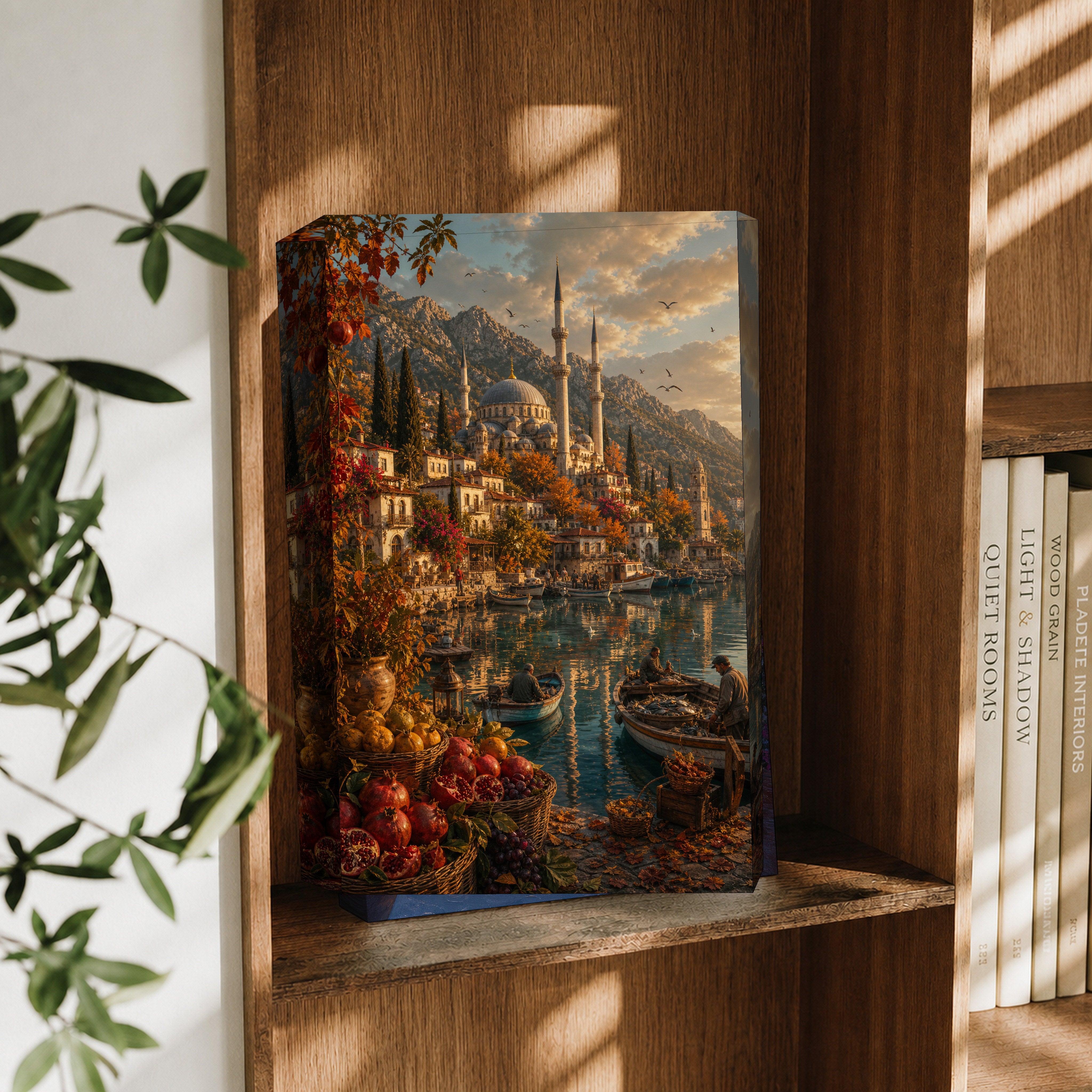 Bodrum Autumn Harbor Steps canvas wall art decor mockup by Seji Art