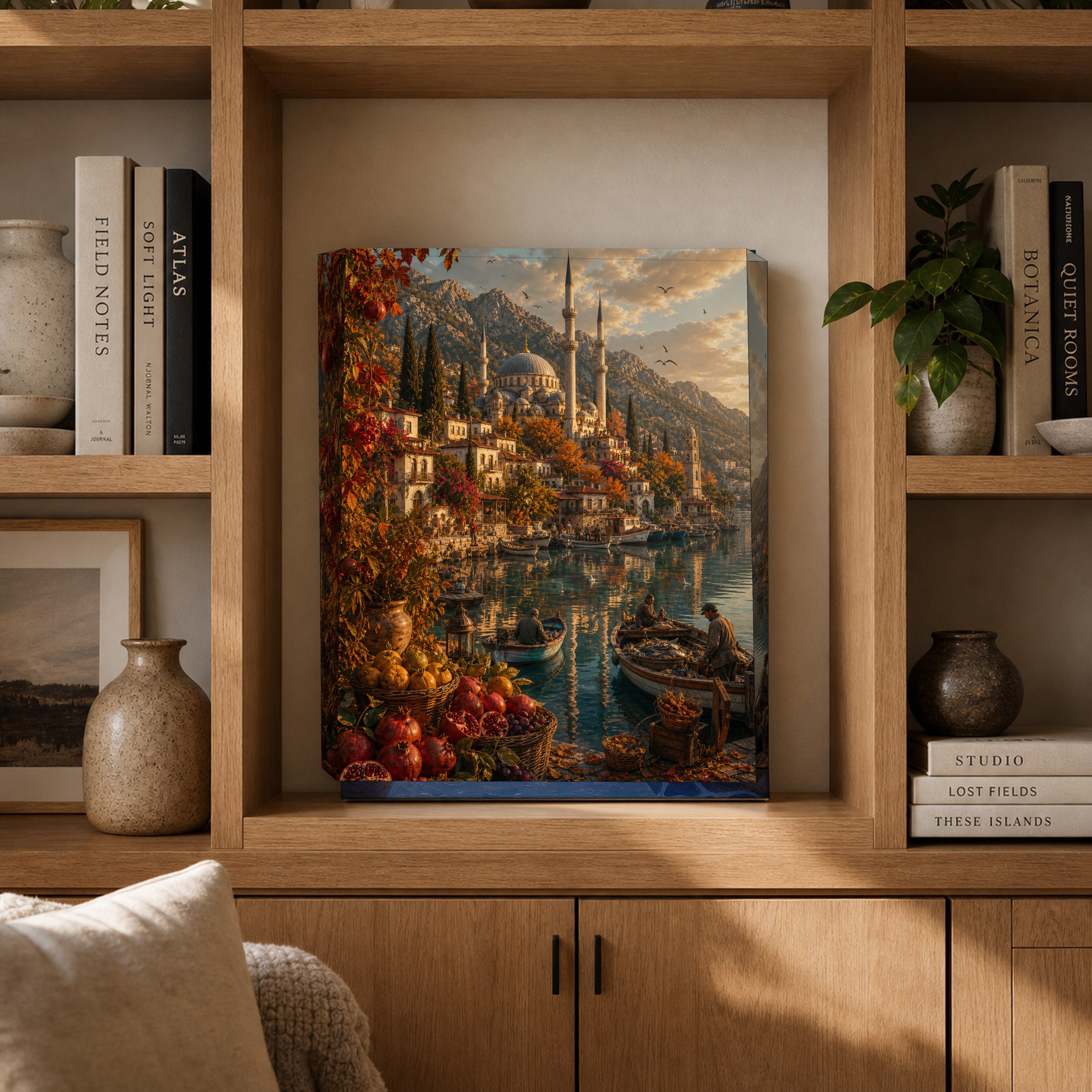 Bodrum Autumn Harbor Steps canvas gallery shelf mockup by Seji Art
