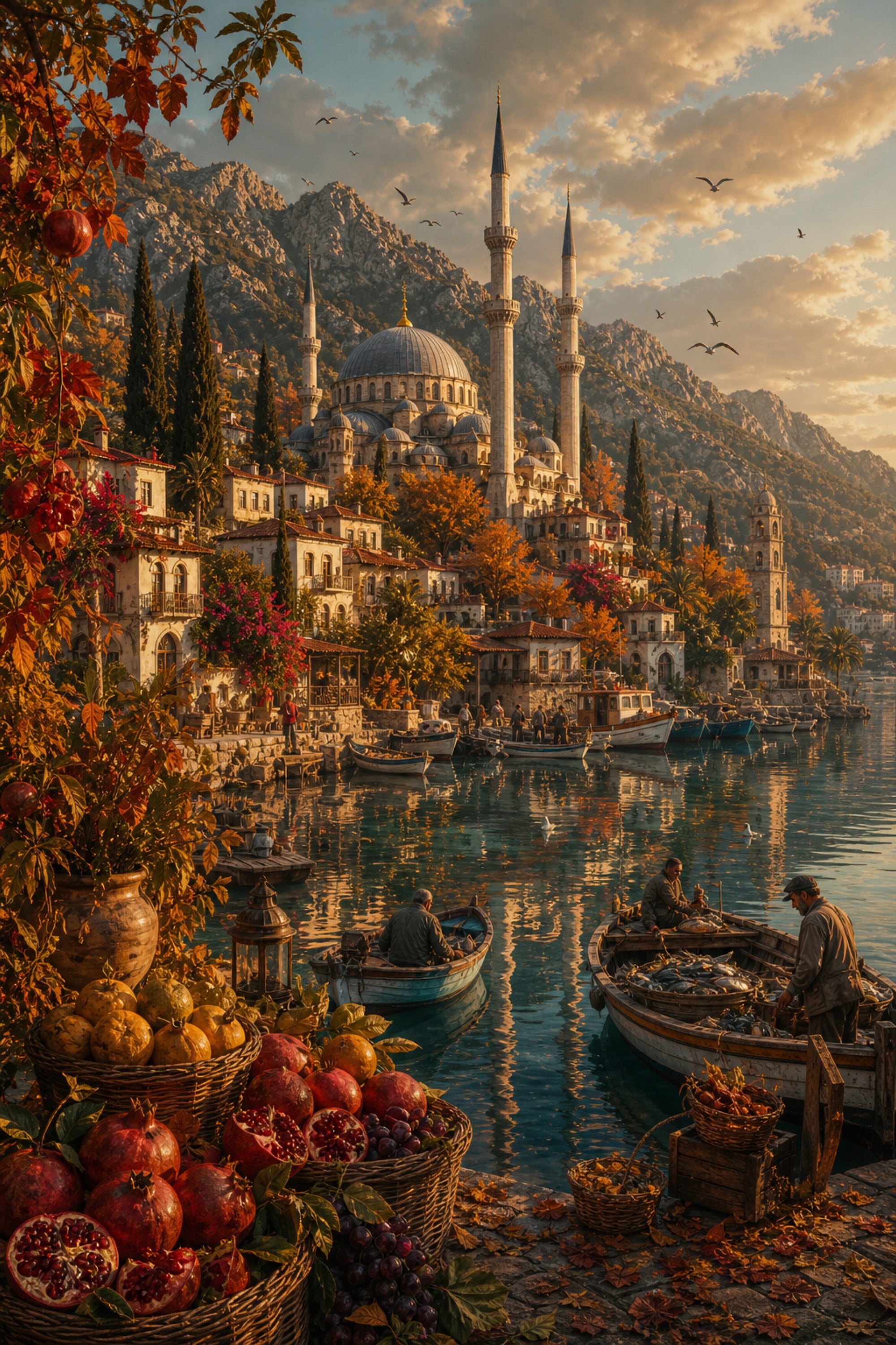 Bodrum Autumn Harbor Steps poster print preview by Seji Art