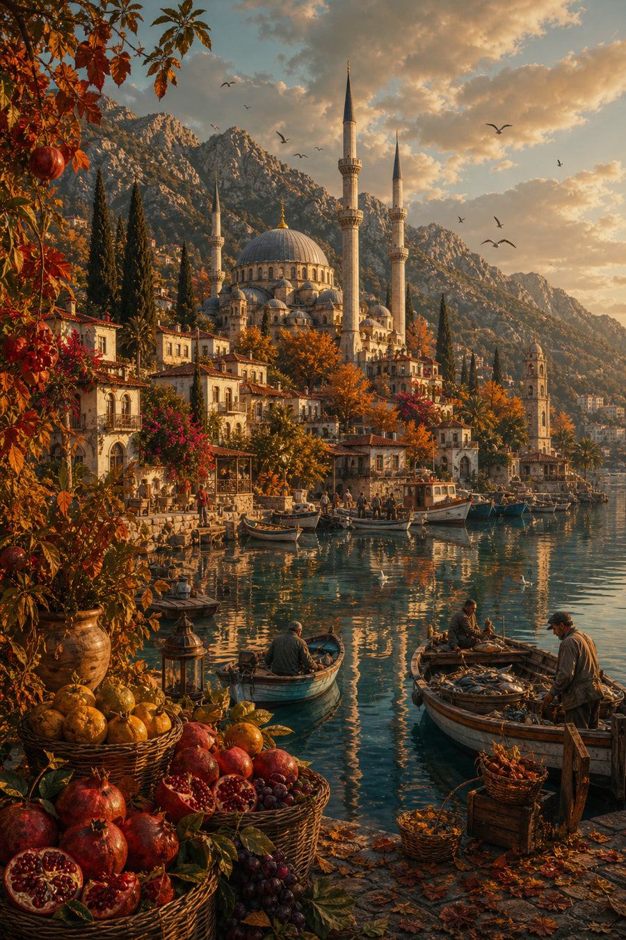 Bodrum Autumn Harbor Steps poster print preview by Seji Art