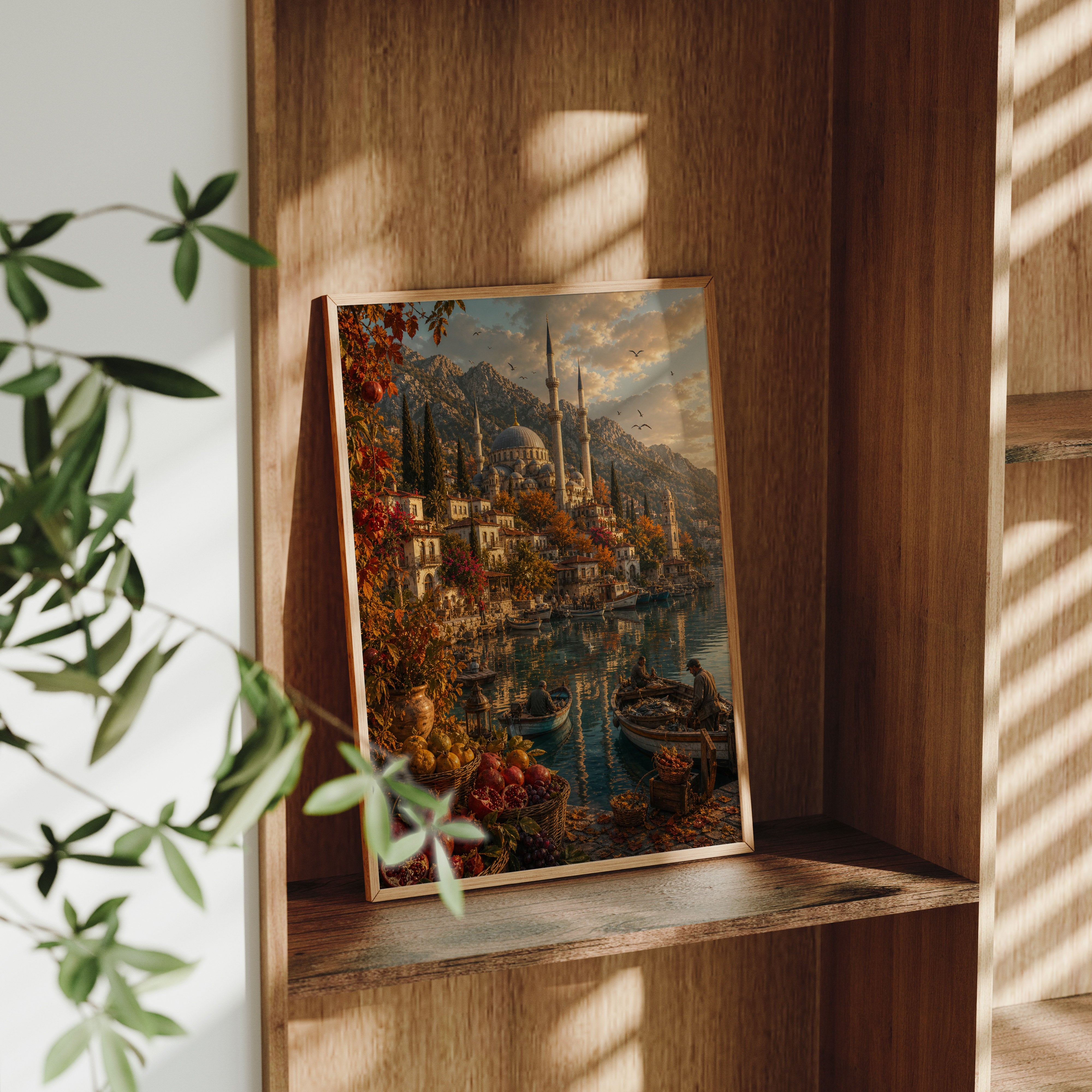 Bodrum Autumn Harbor Steps poster framed room mockup by Seji Art