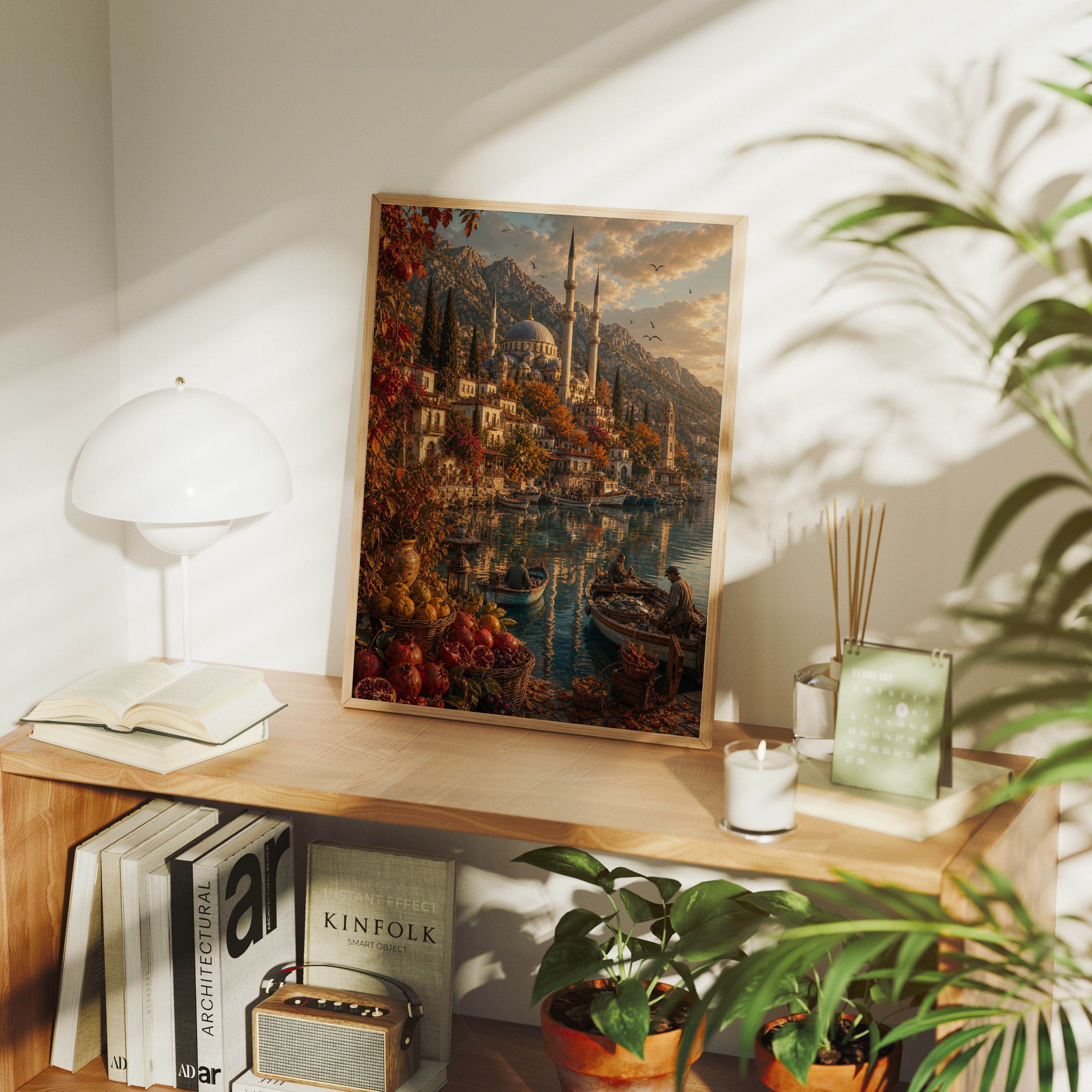 Bodrum Autumn Harbor Steps poster gallery shelf mockup by Seji Art