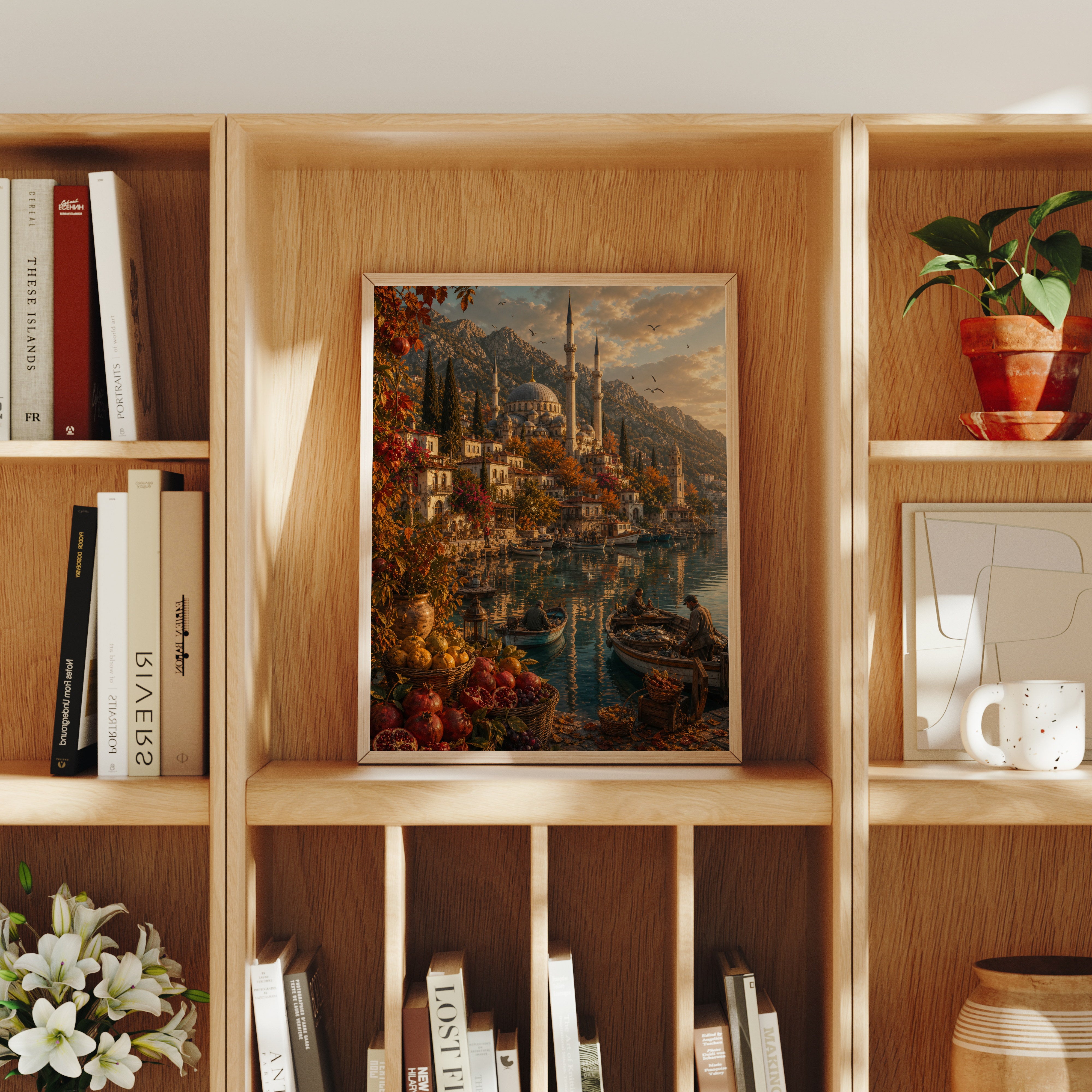 Bodrum Autumn Harbor Steps poster home decor mockup by Seji Art