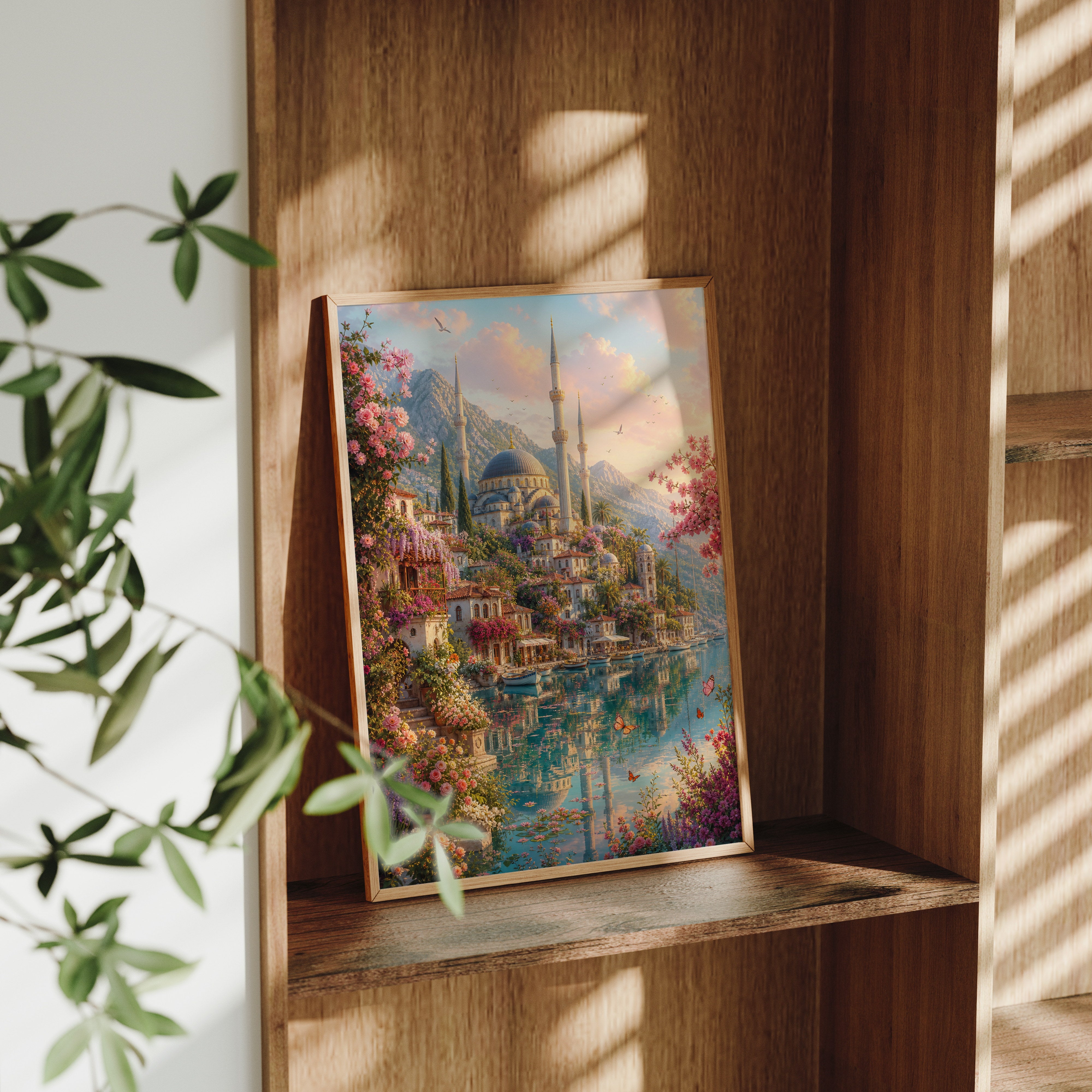 Bodrum Blossoming Turquoise Lagoon poster framed room mockup by Seji Art