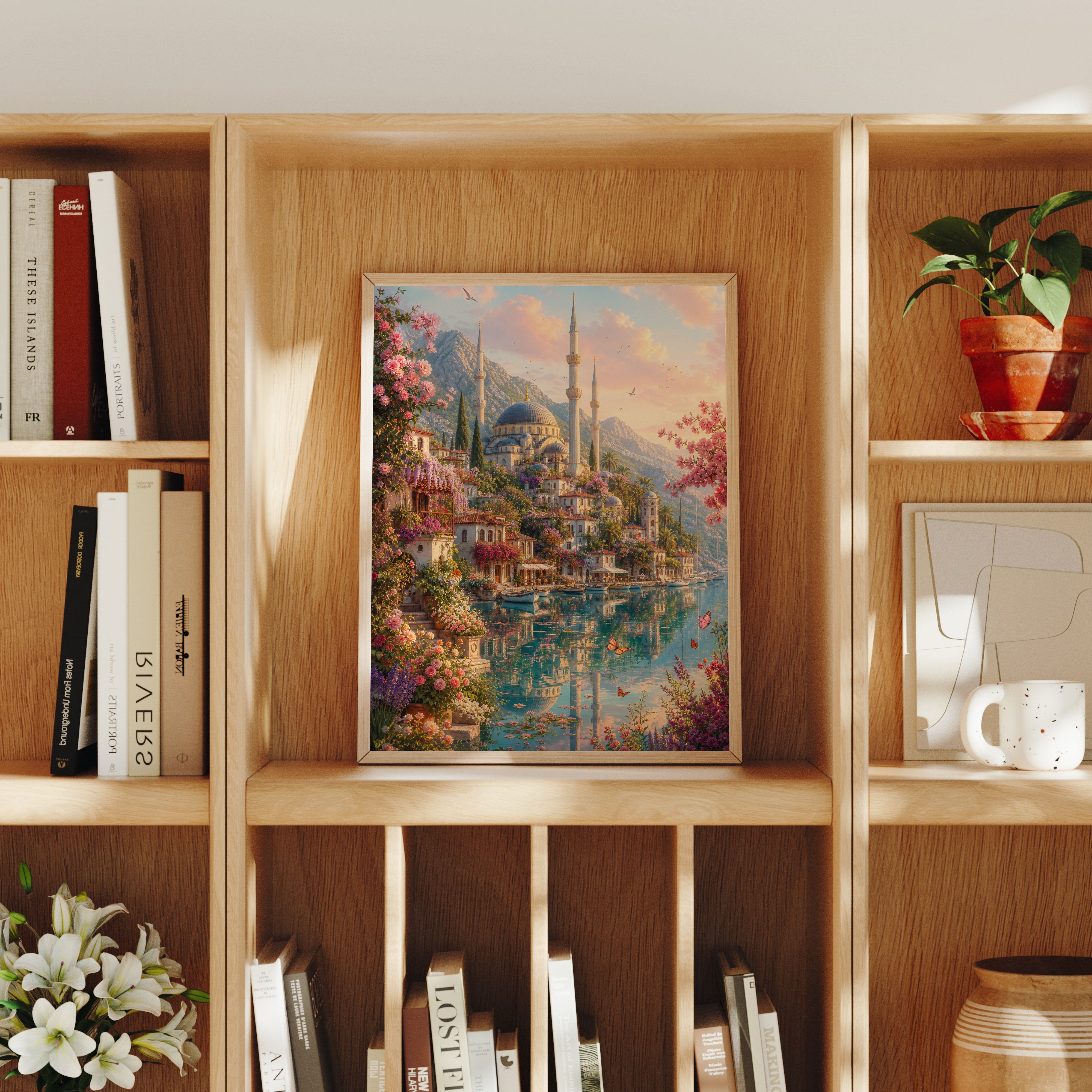 Bodrum Blossoming Turquoise Lagoon poster home decor mockup by Seji Art