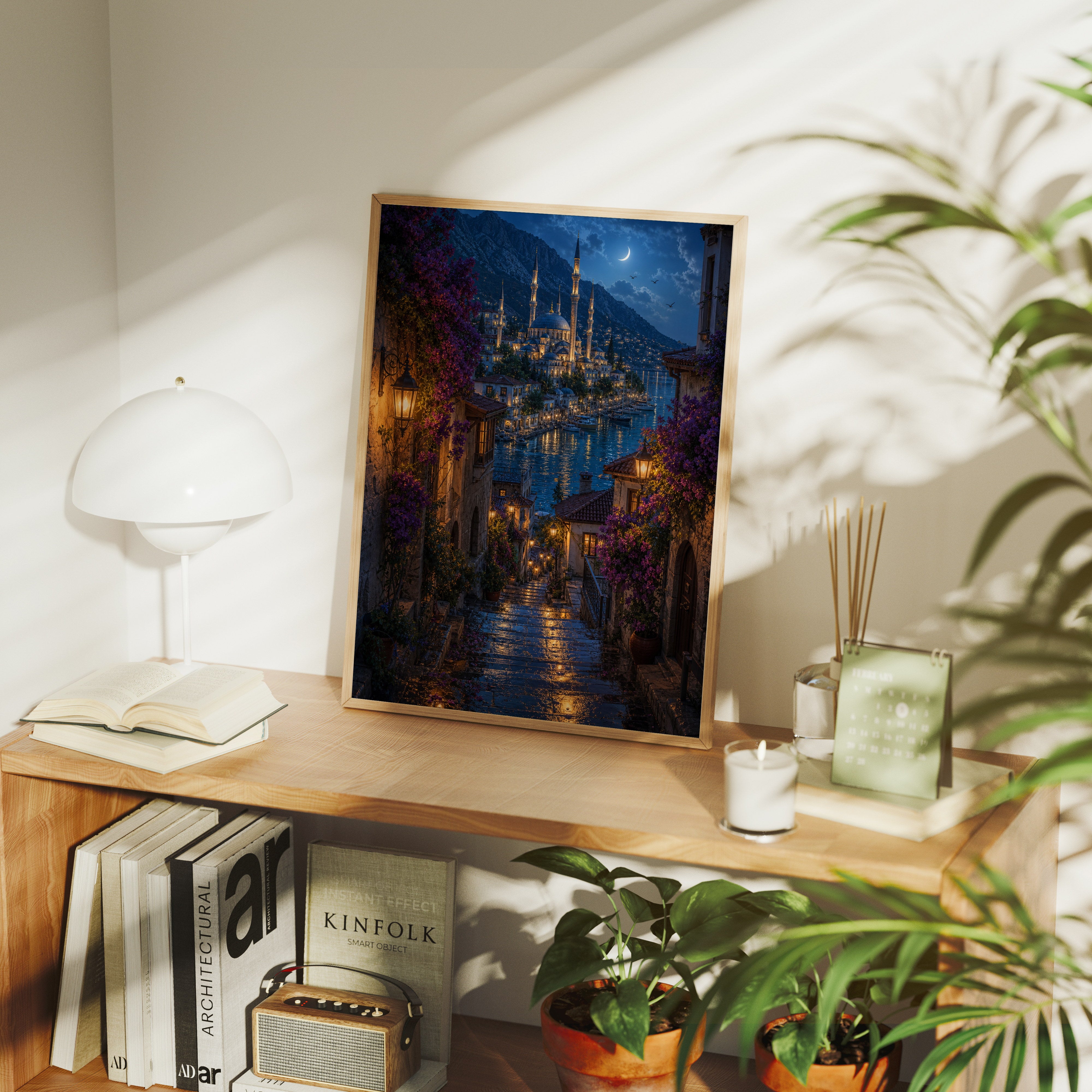 Bodrum Blue Stairway Marina poster gallery shelf mockup by Seji Art