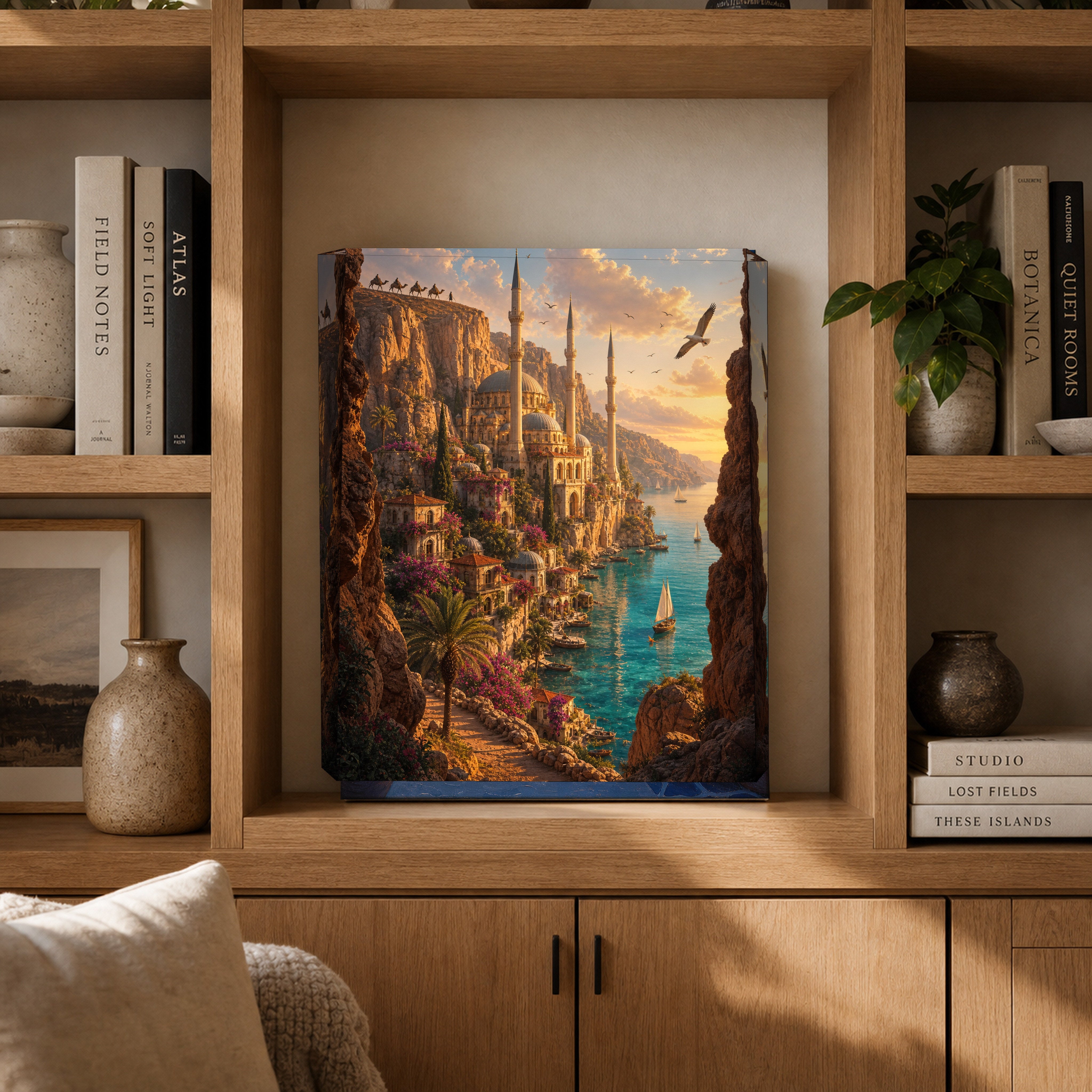 Bodrum Cliffside Aegean Village canvas gallery shelf mockup by Seji Art