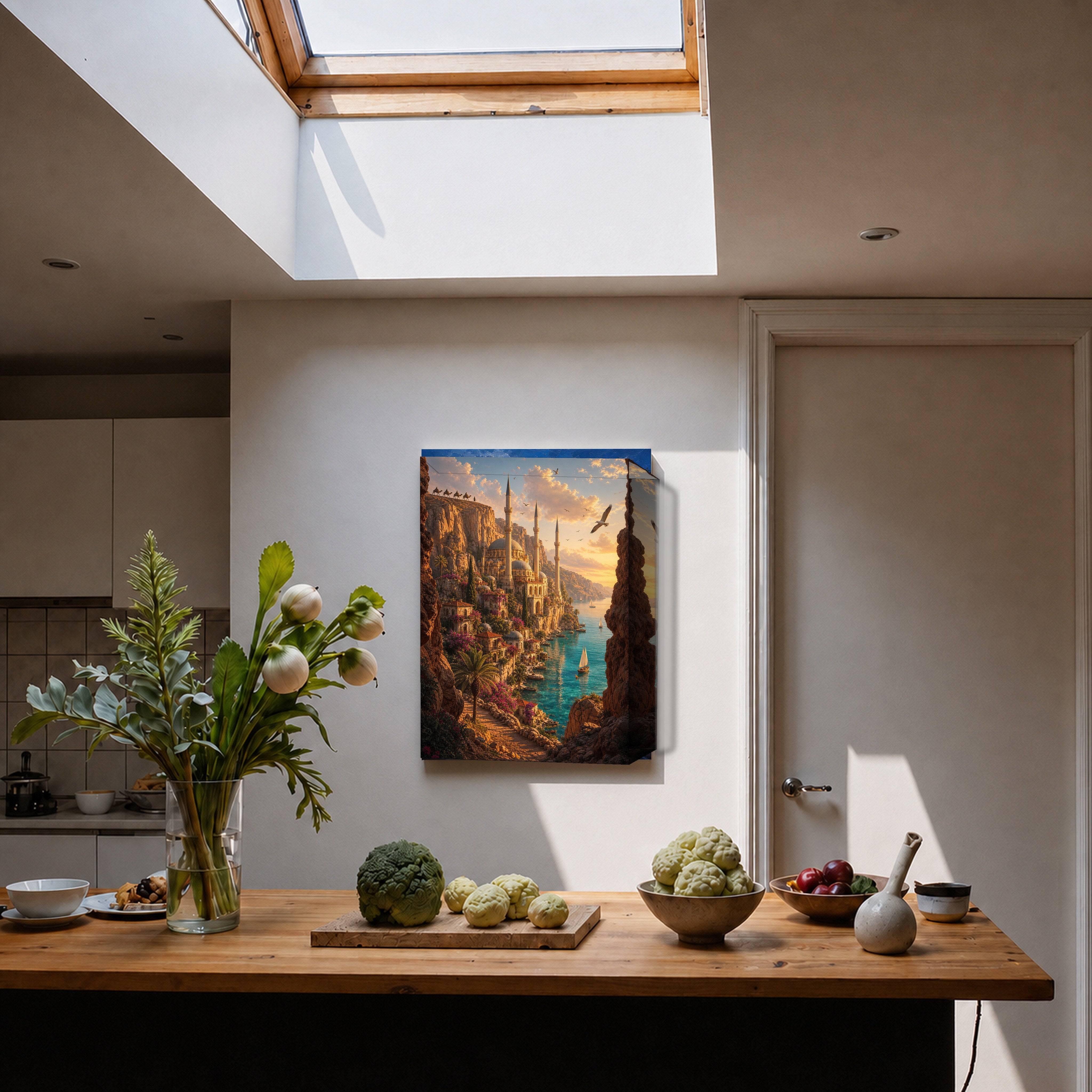 Bodrum Cliffside Aegean Village canvas home decor mockup by Seji Art