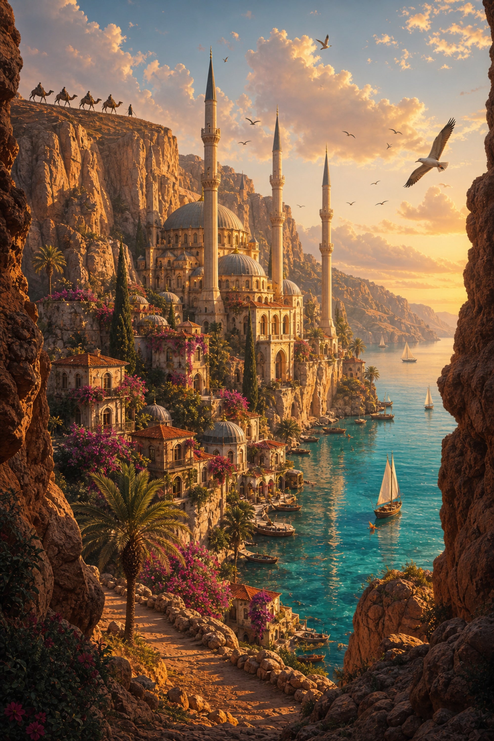 Bodrum Cliffside Aegean Village poster print preview by Seji Art