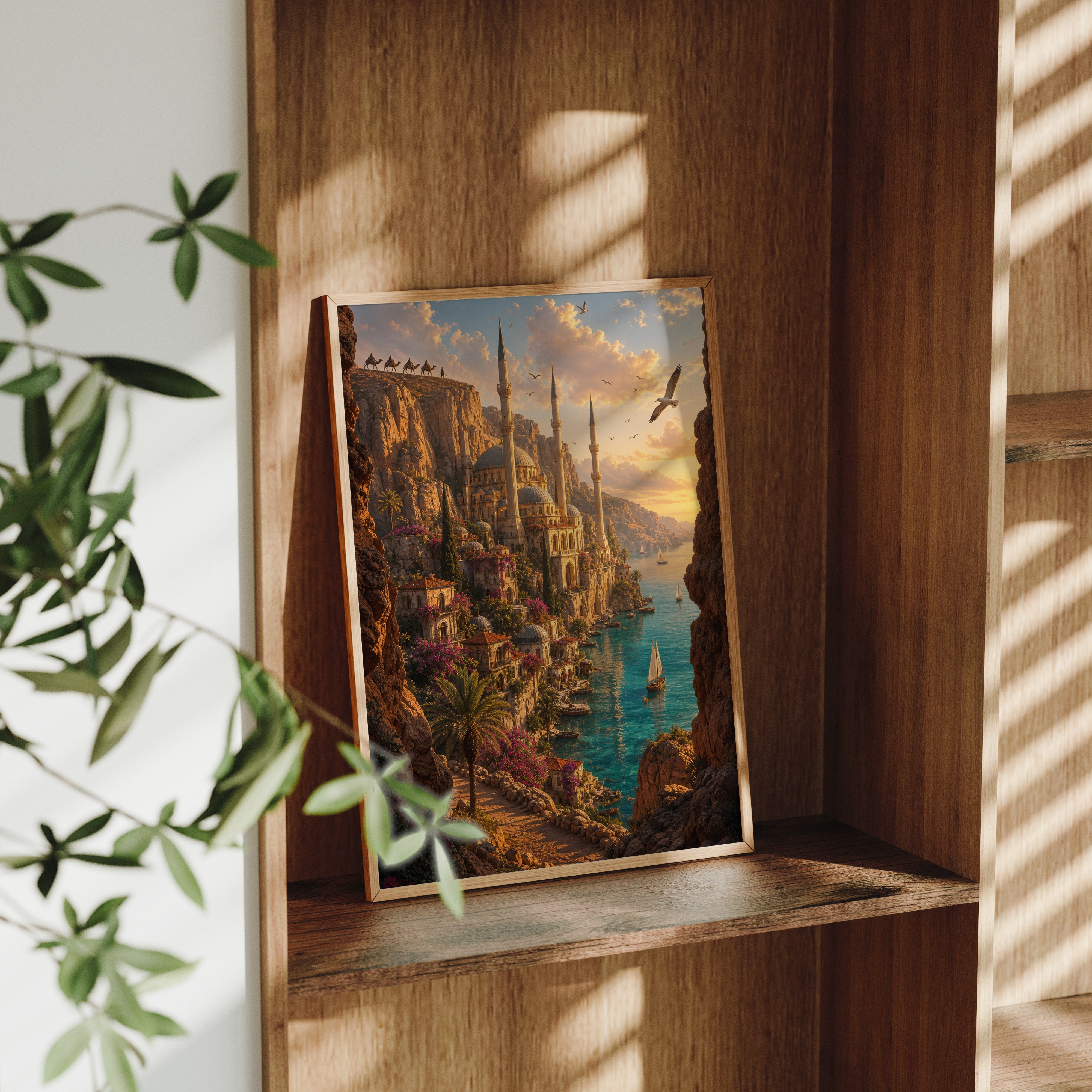 Bodrum Cliffside Aegean Village poster framed room mockup by Seji Art