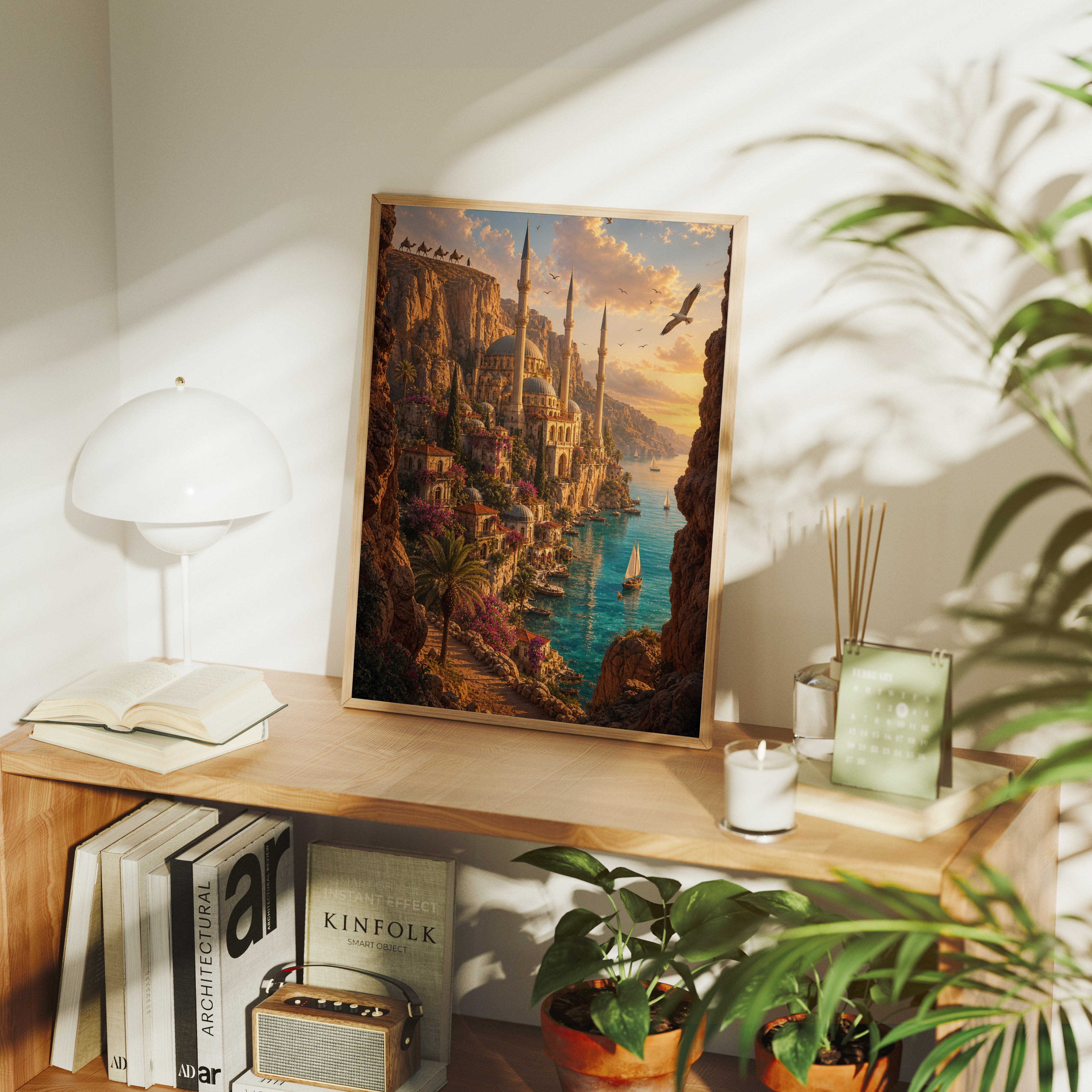 Bodrum Cliffside Aegean Village poster gallery shelf mockup by Seji Art