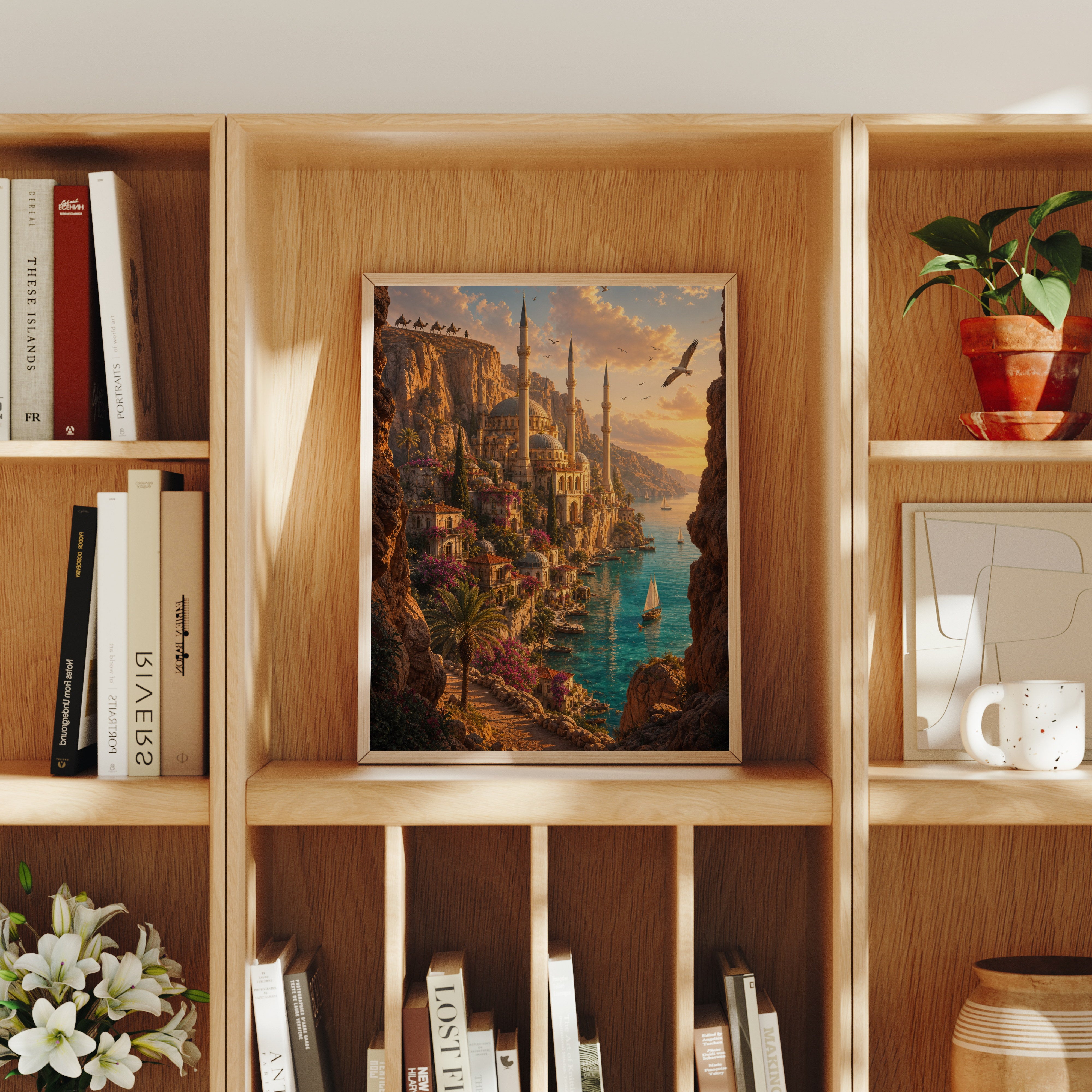 Bodrum Cliffside Aegean Village poster home decor mockup by Seji Art