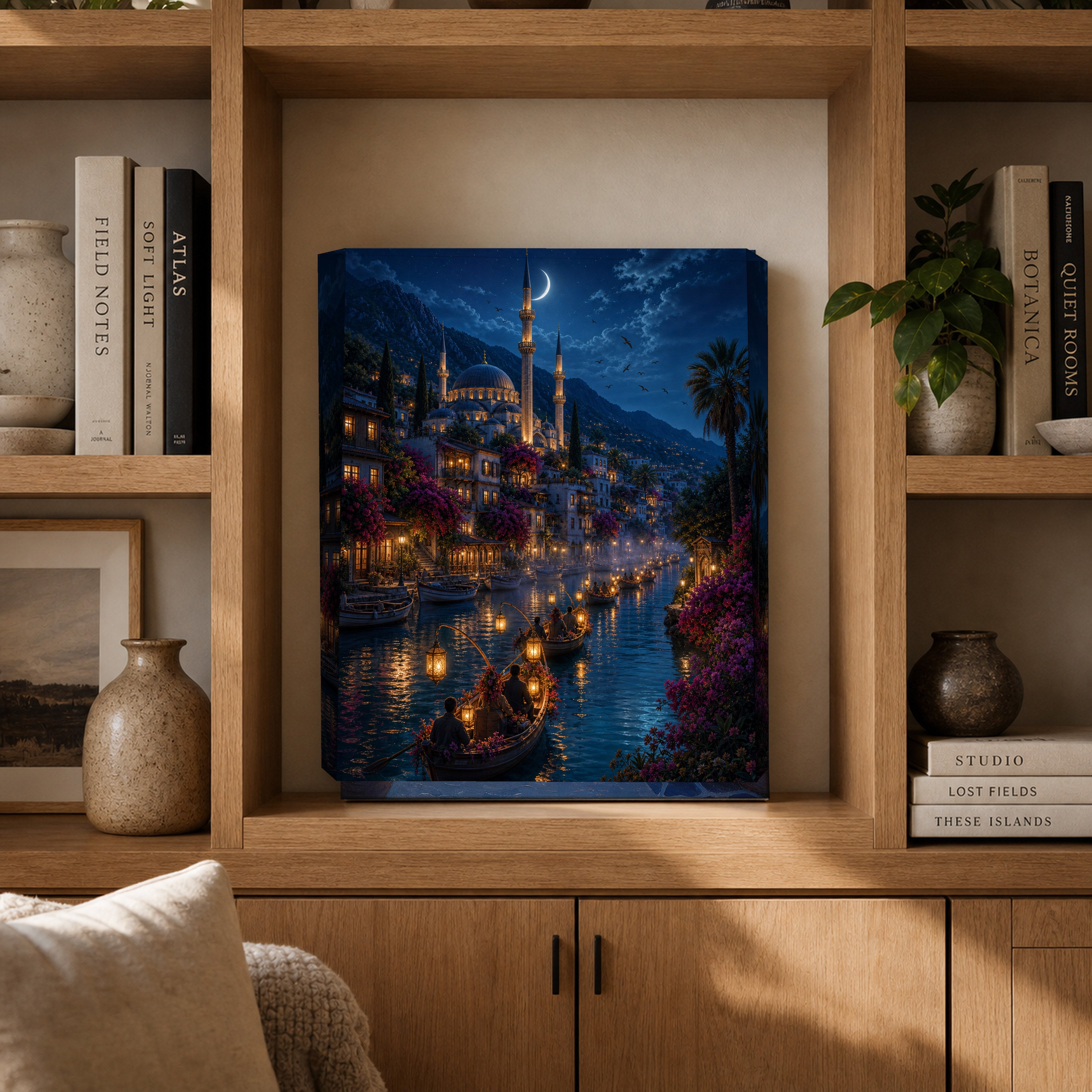 Bodrum Crescent Moon Harbor canvas gallery shelf mockup by Seji Art