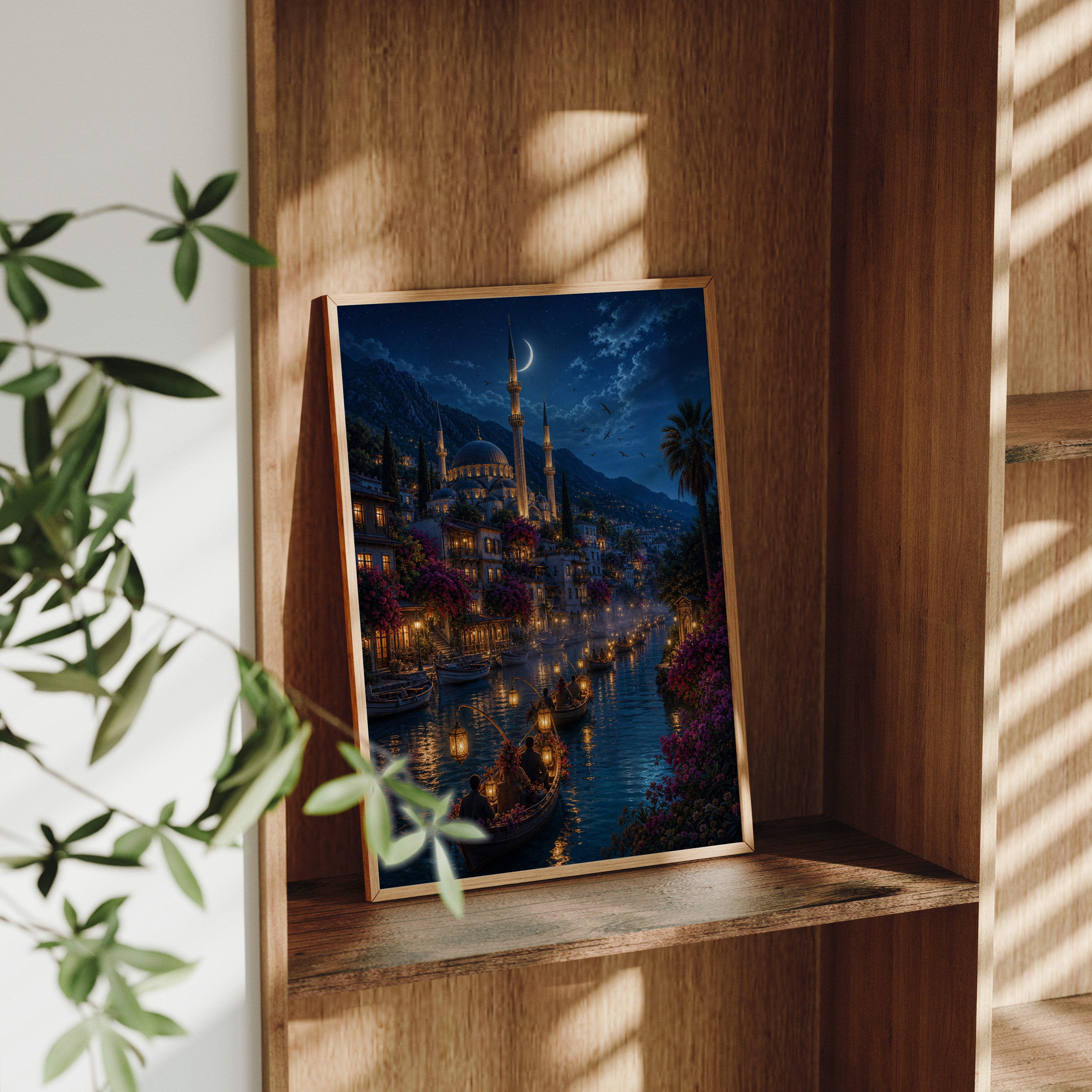 Bodrum Crescent Moon Harbor poster framed room mockup by Seji Art