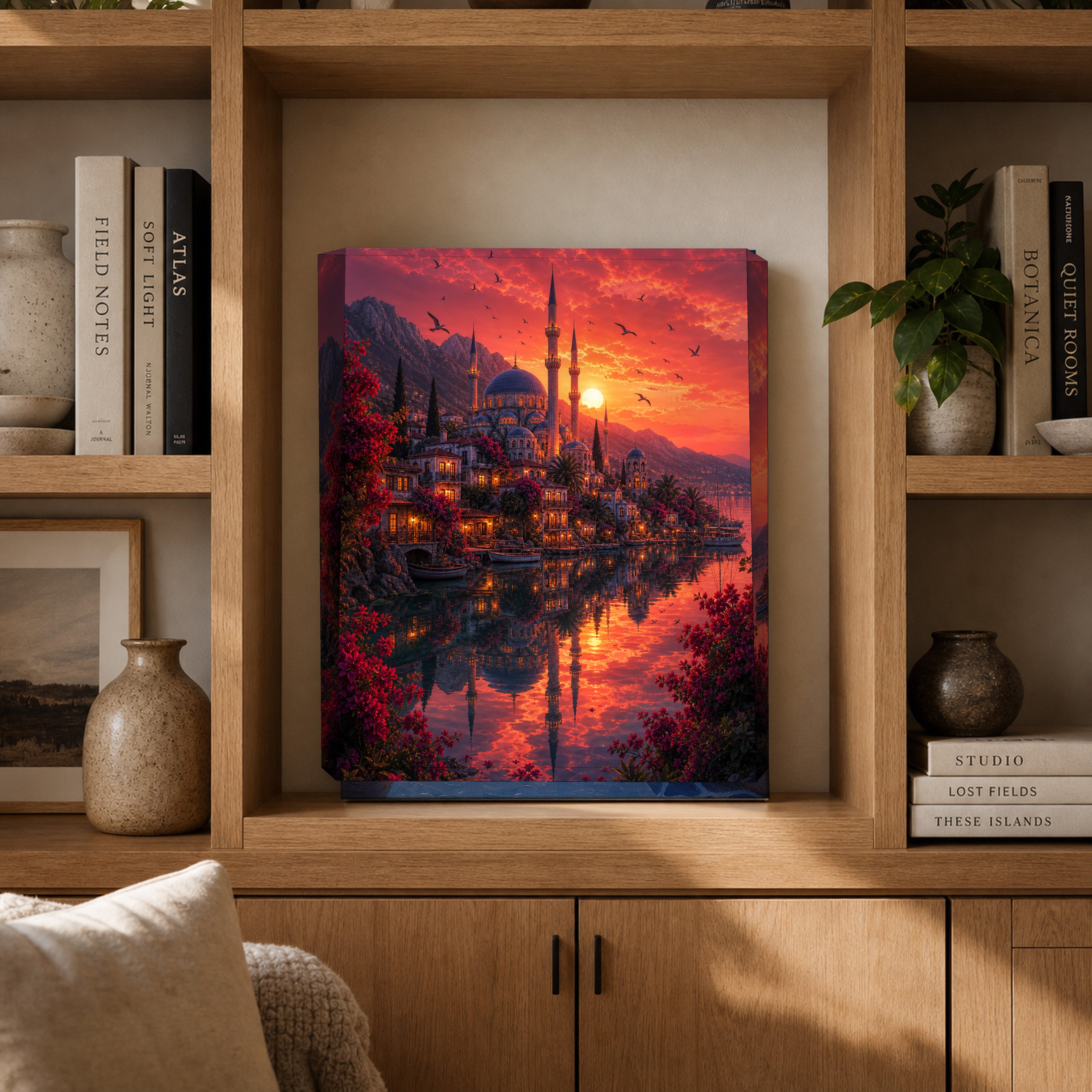 Bodrum Crimson Sunset Mosque canvas gallery shelf mockup by Seji Art