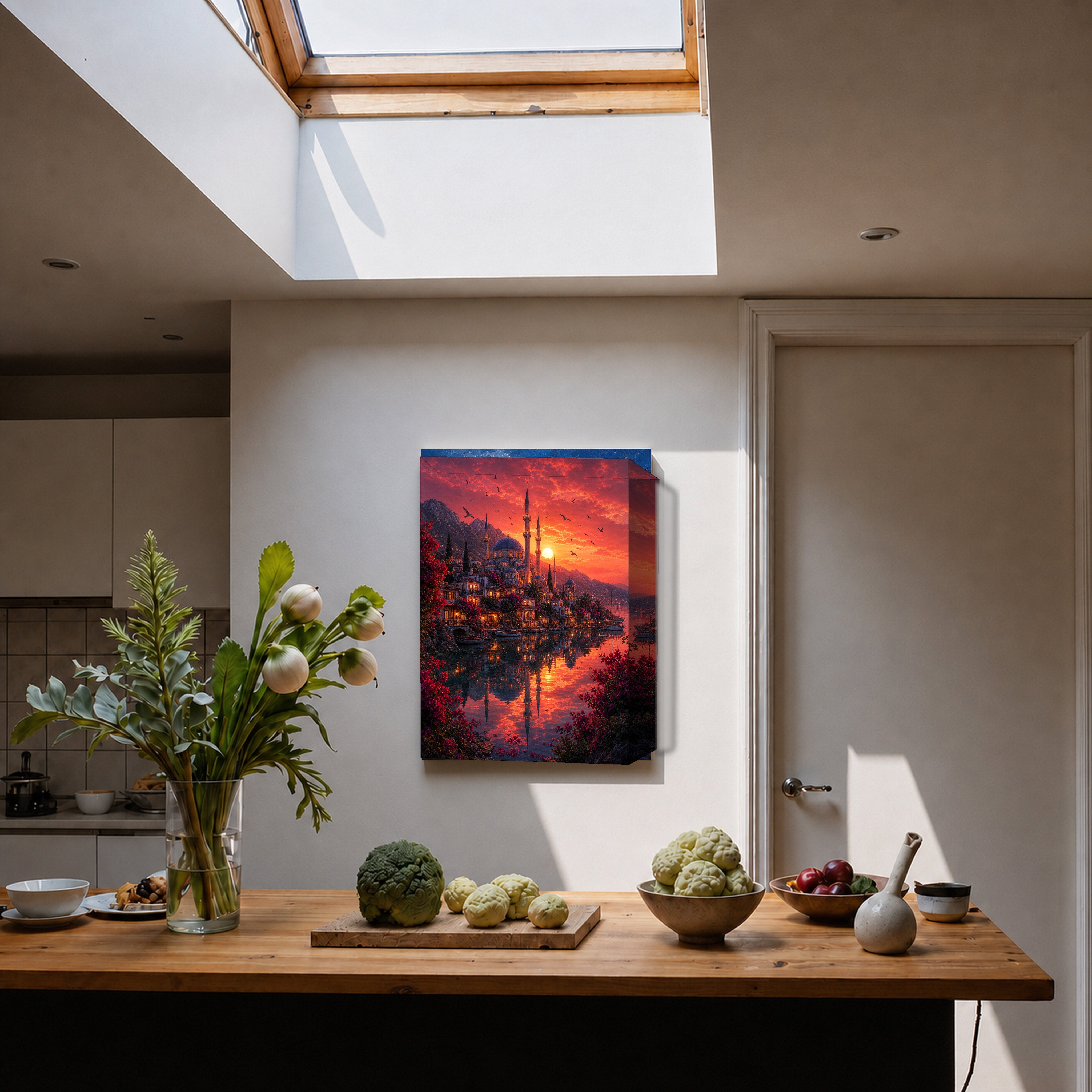 Bodrum Crimson Sunset Mosque canvas home decor mockup by Seji Art