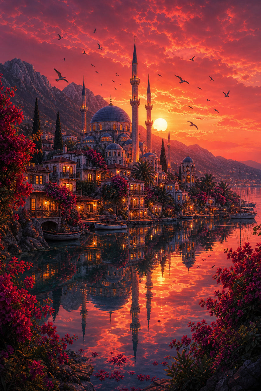 Bodrum Crimson Sunset Mosque poster print preview by Seji Art