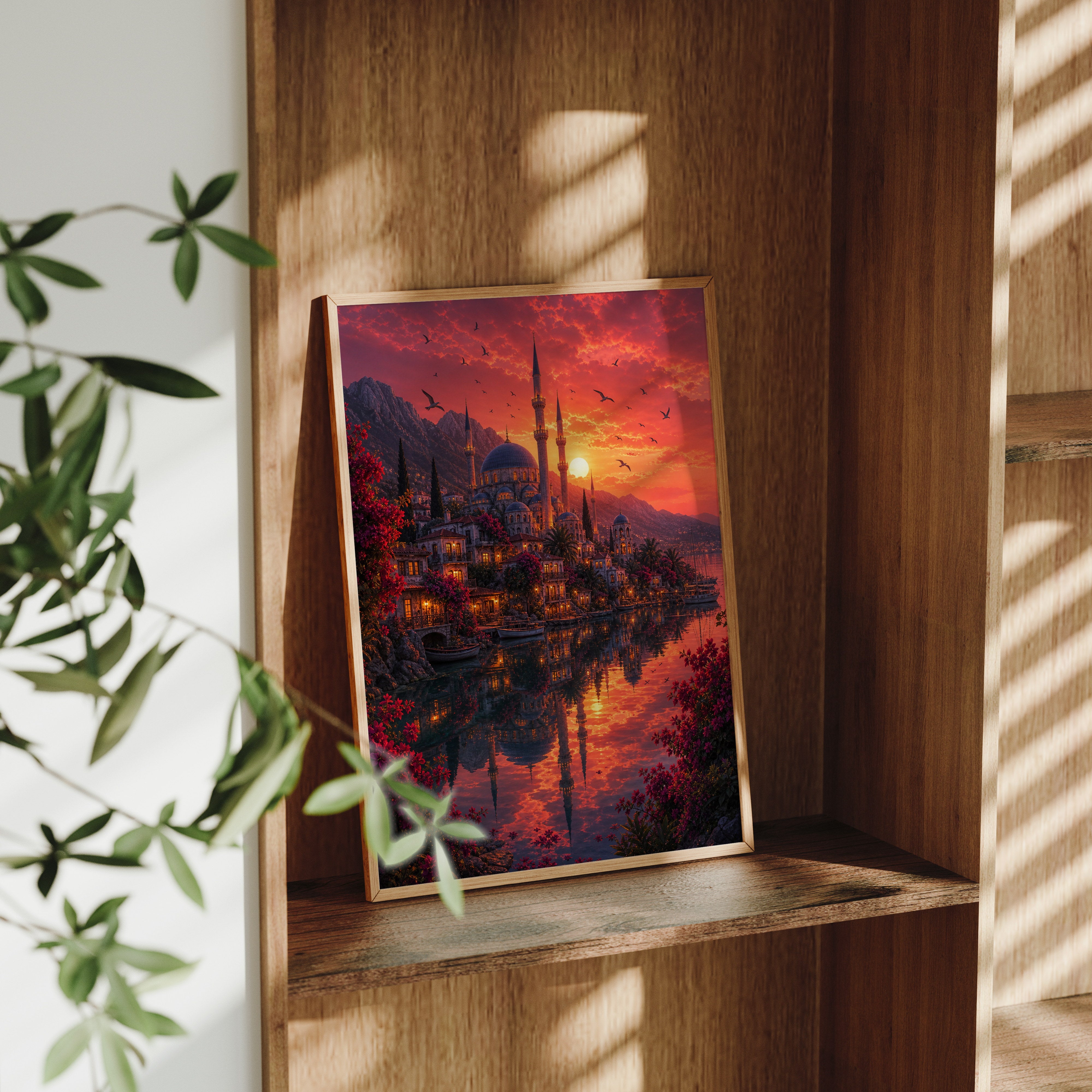 Bodrum Crimson Sunset Mosque poster framed room mockup by Seji Art