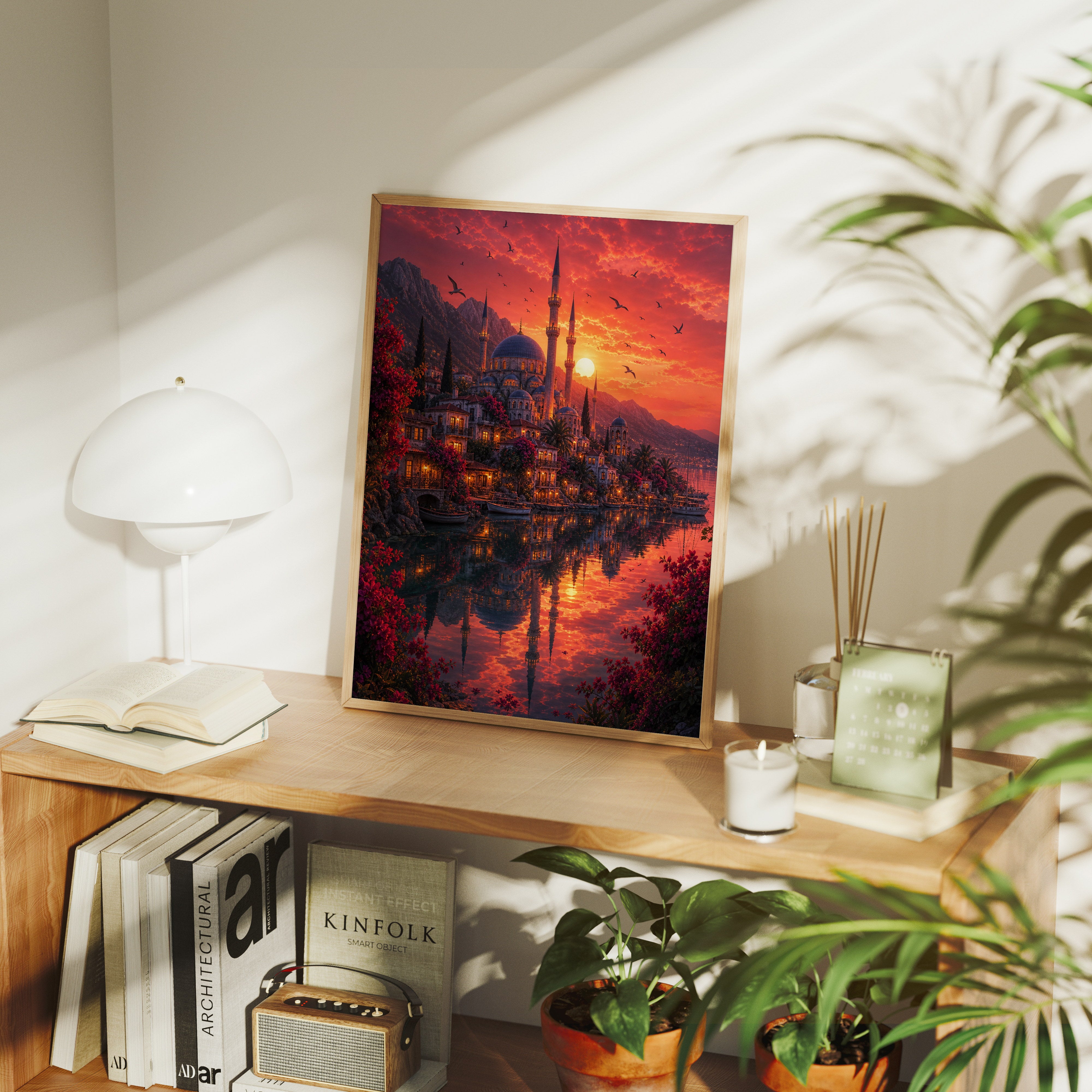 Bodrum Crimson Sunset Mosque poster gallery shelf mockup by Seji Art