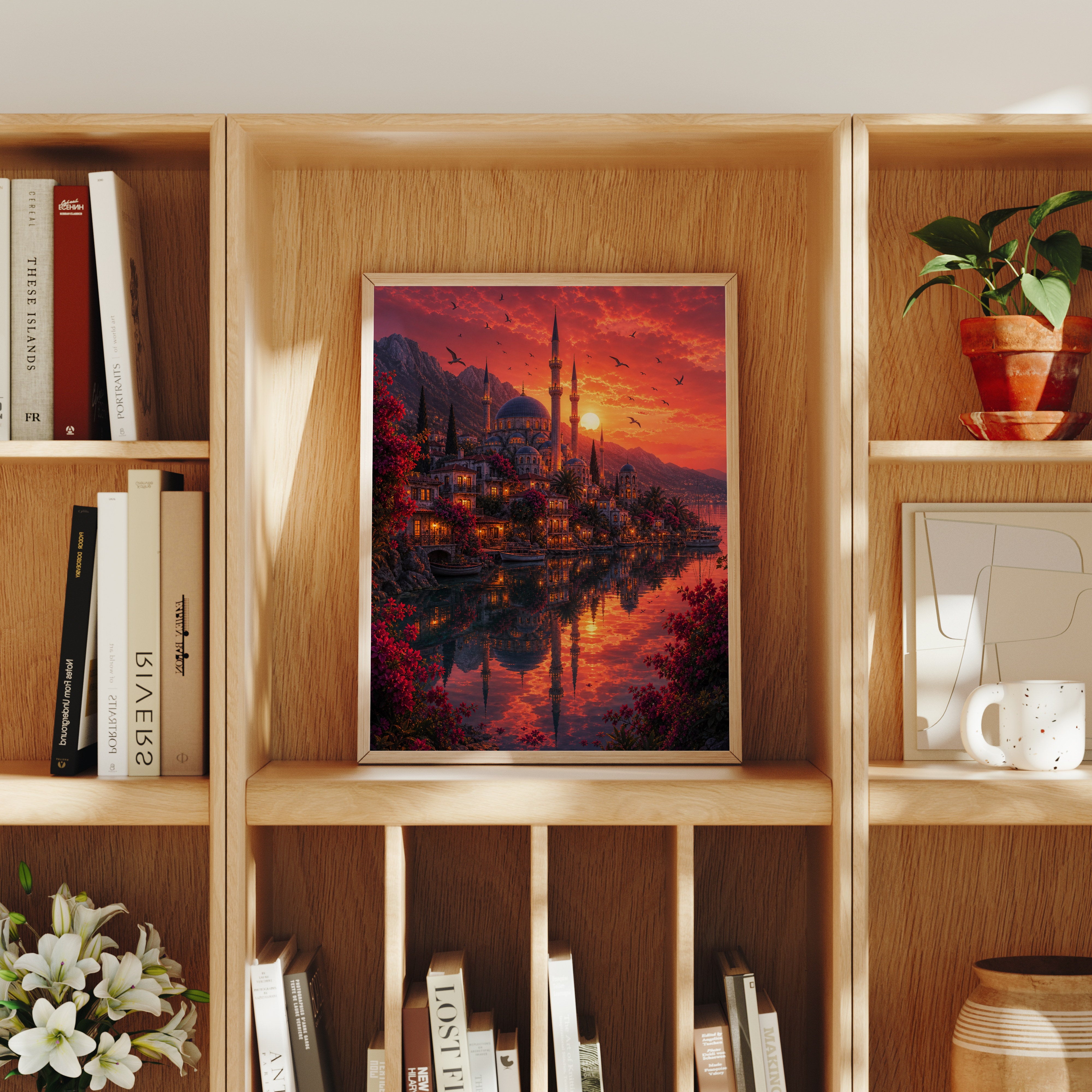 Bodrum Crimson Sunset Mosque poster home decor mockup by Seji Art