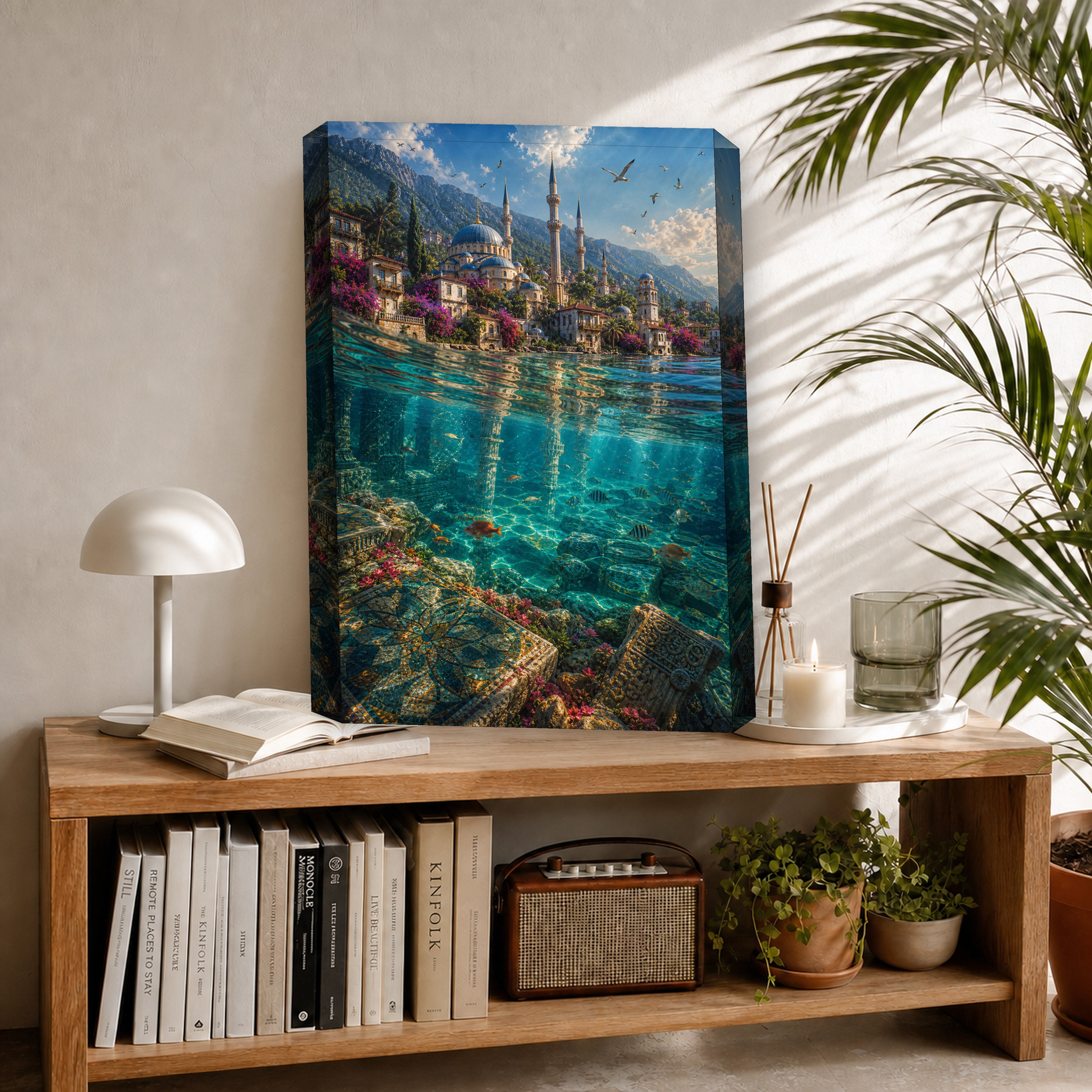 Bodrum Crystal Turquoise Waterfront canvas room mockup by Seji Art