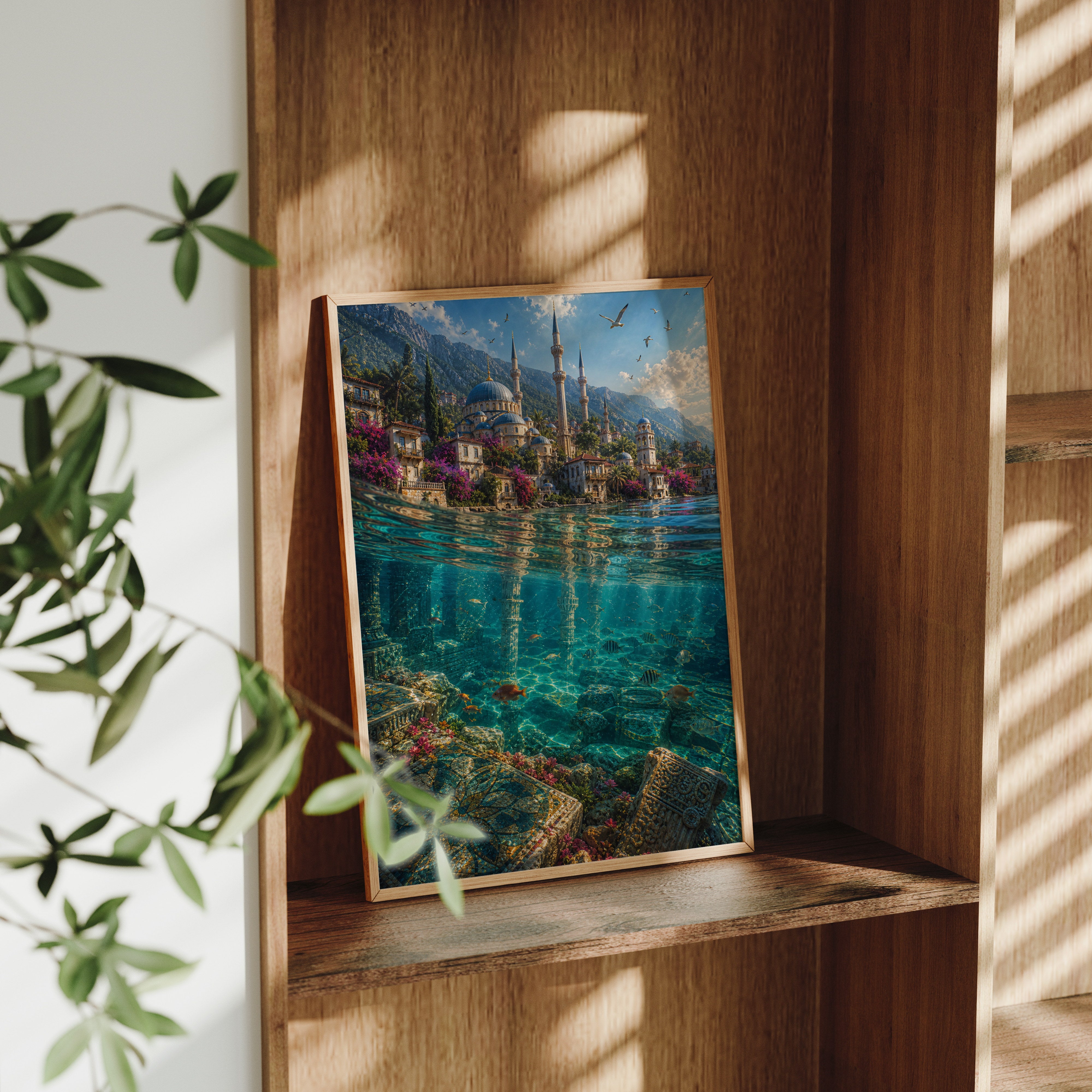 Bodrum Crystal Turquoise Waterfront poster framed room mockup by Seji Art