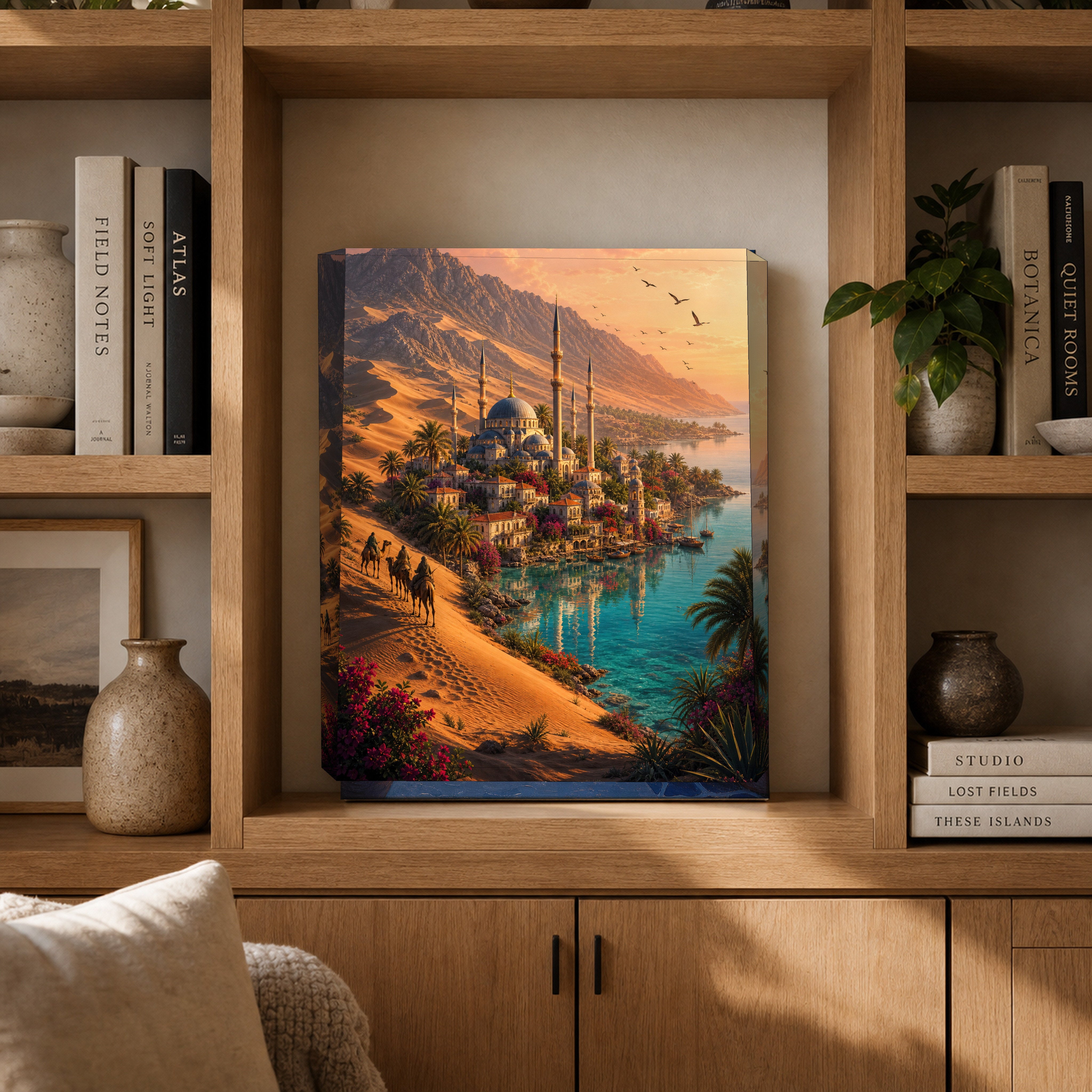 Bodrum Desert Coast Minaret canvas gallery shelf mockup by Seji Art