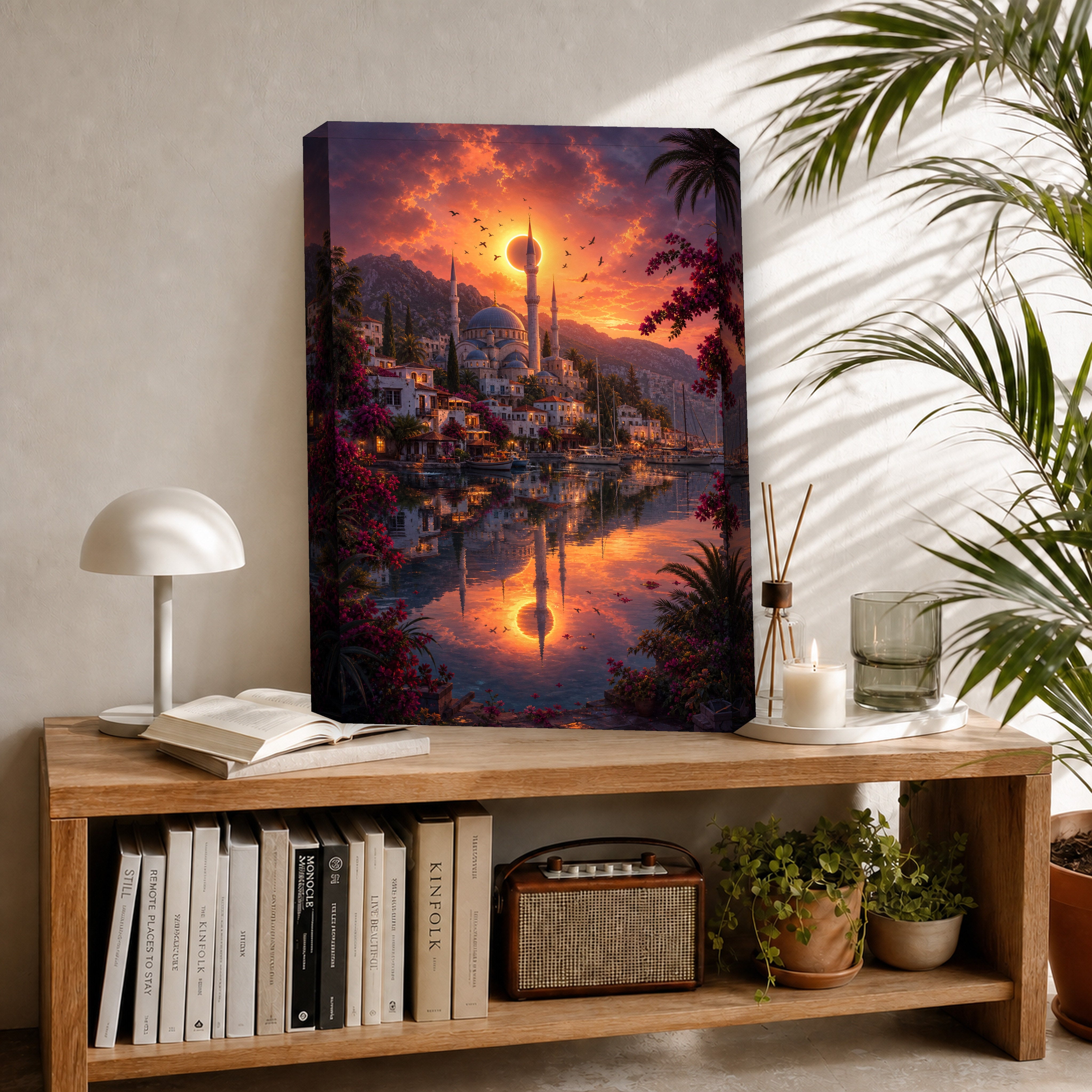 Bodrum Eclipse Harbor Sunset canvas room mockup by Seji Art