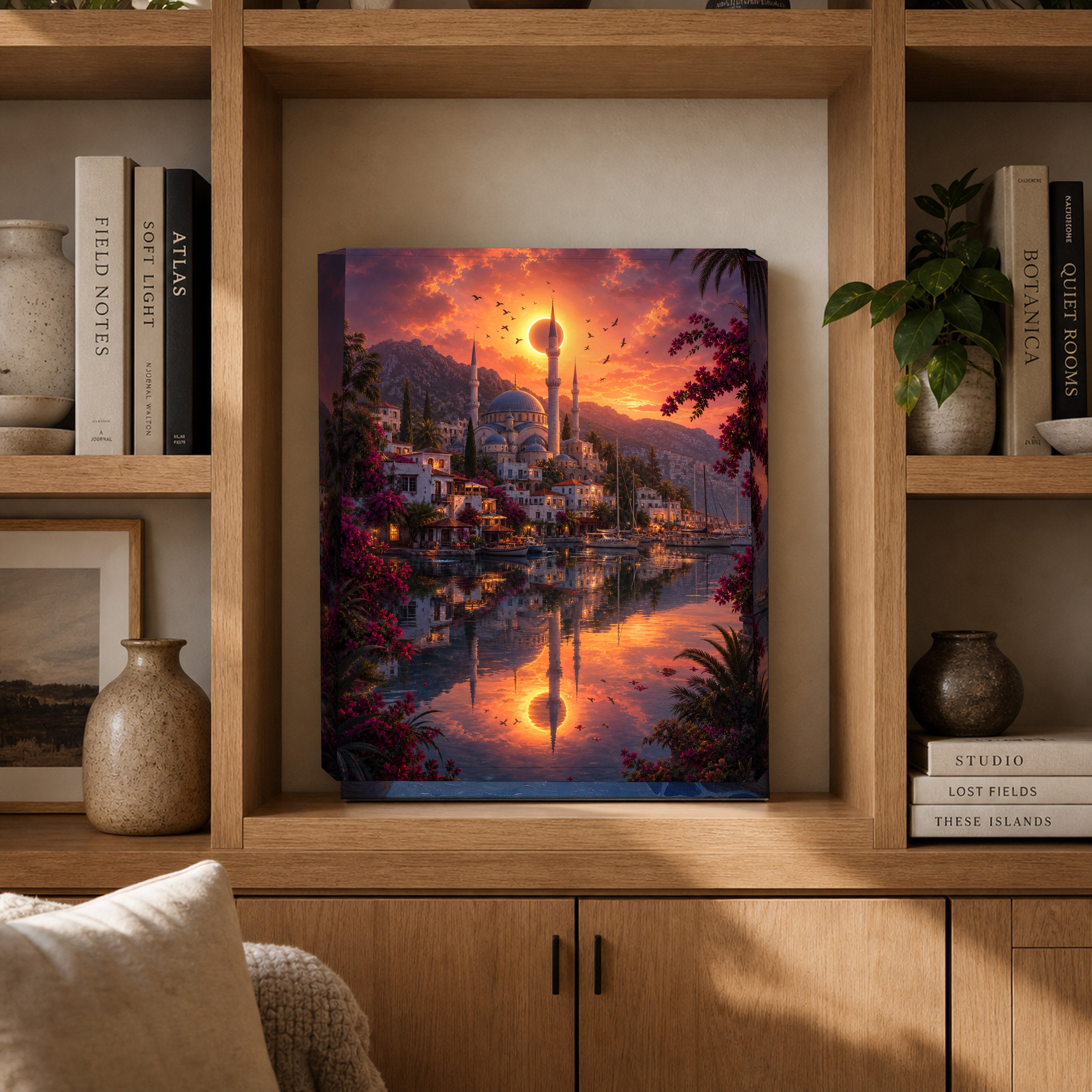 Bodrum Eclipse Harbor Sunset canvas gallery shelf mockup by Seji Art
