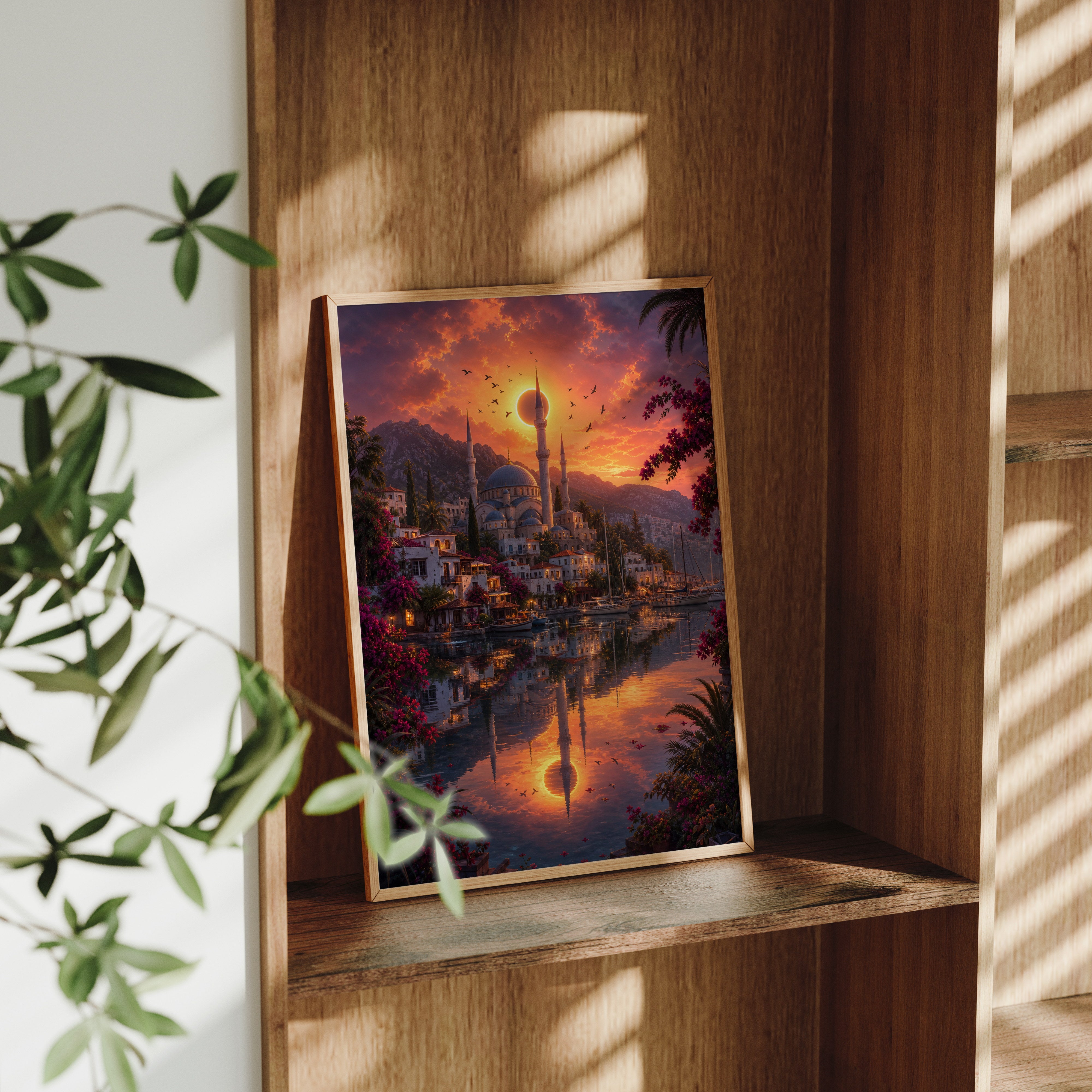 Bodrum Eclipse Harbor Sunset poster framed room mockup by Seji Art