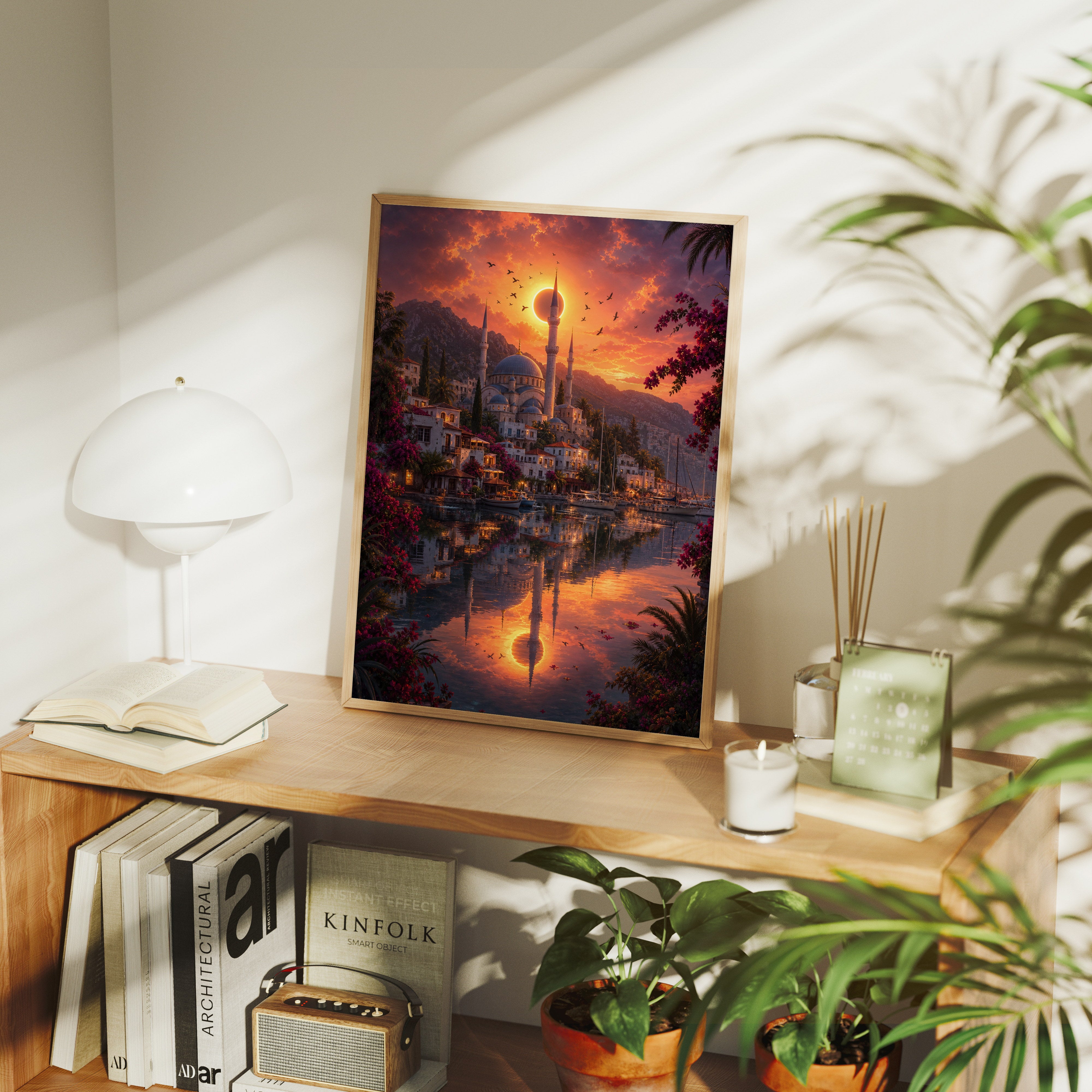 Bodrum Eclipse Harbor Sunset poster gallery shelf mockup by Seji Art