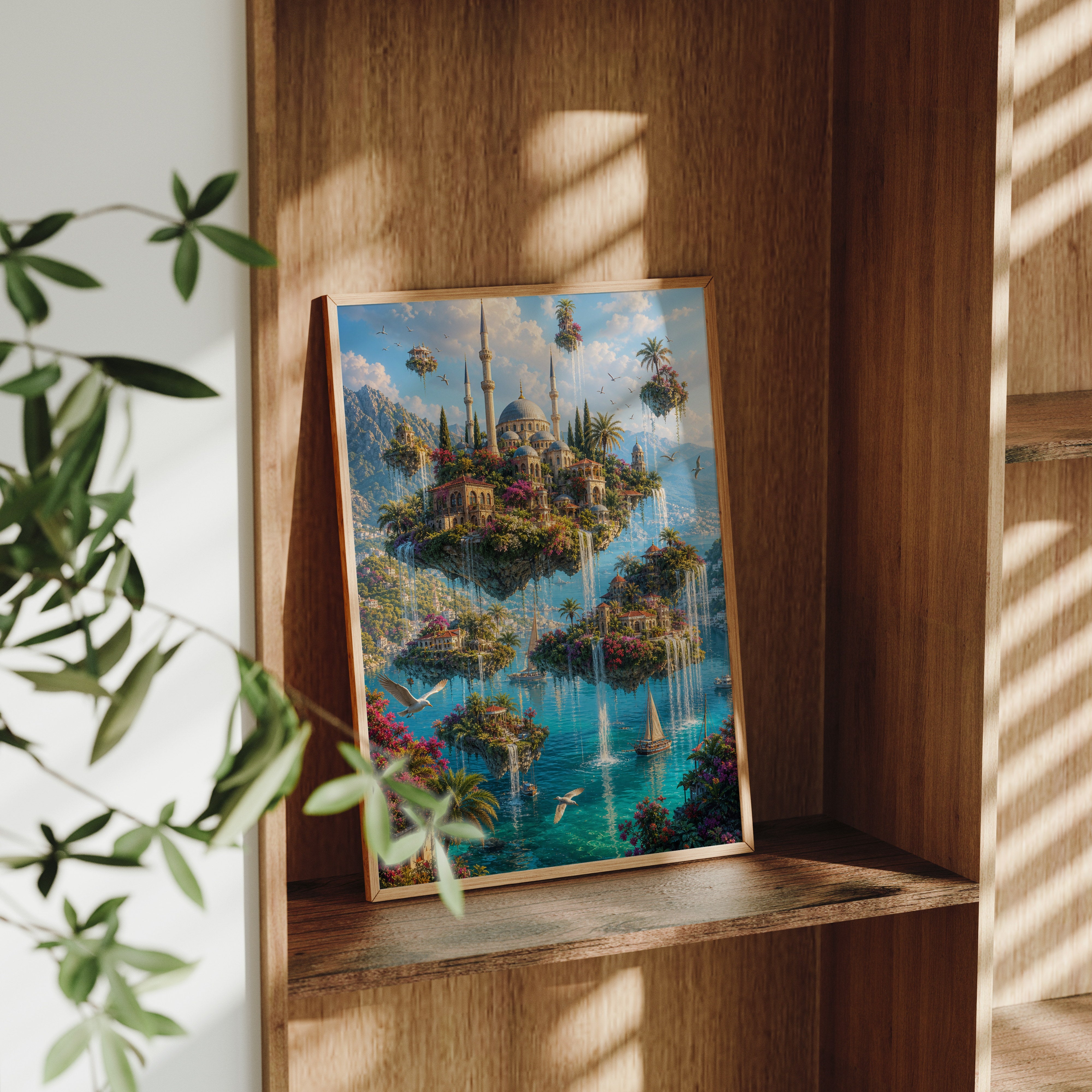 Bodrum Floating Garden Mosque poster framed room mockup by Seji Art