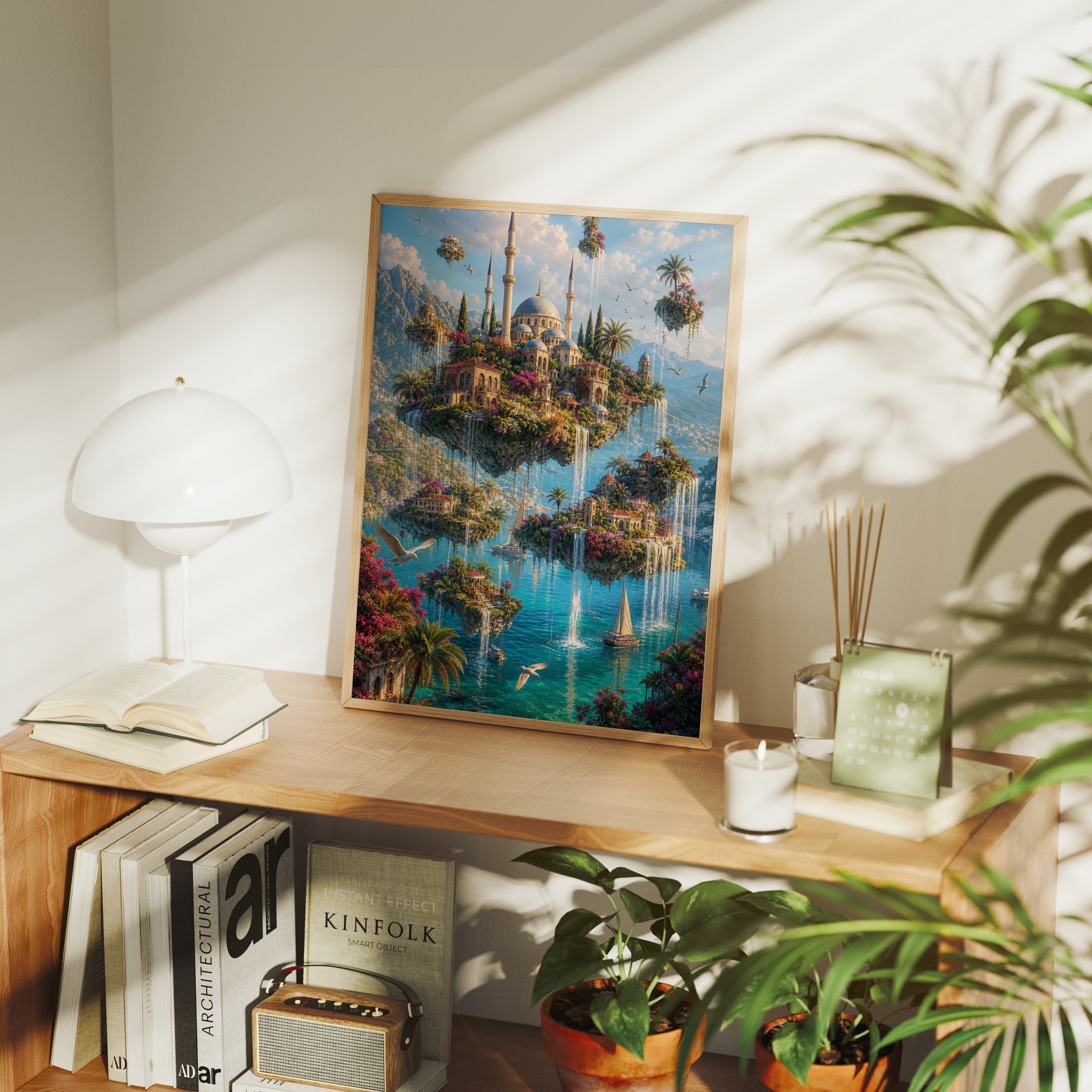 Bodrum Floating Garden Mosque poster gallery shelf mockup by Seji Art