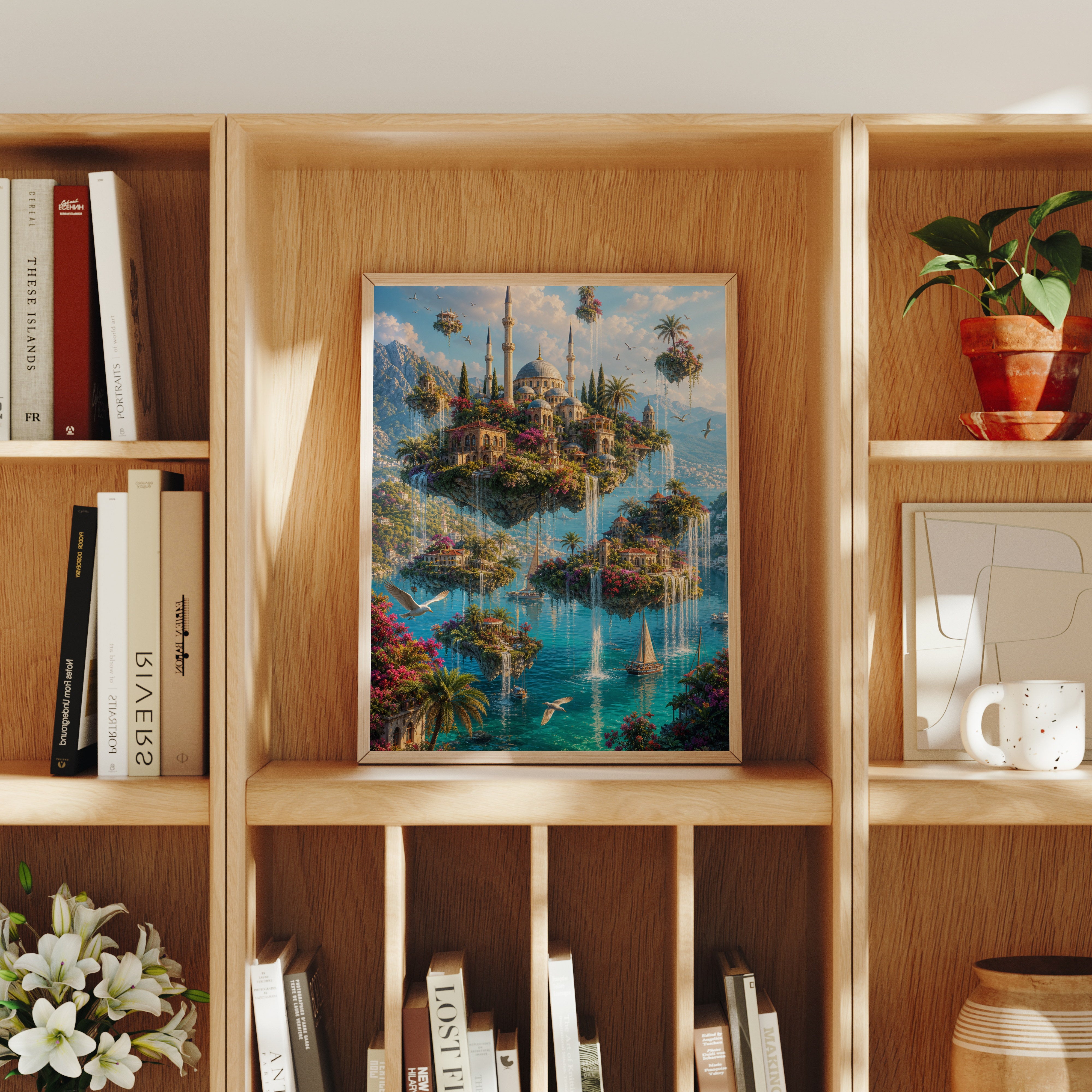 Bodrum Floating Garden Mosque poster home decor mockup by Seji Art