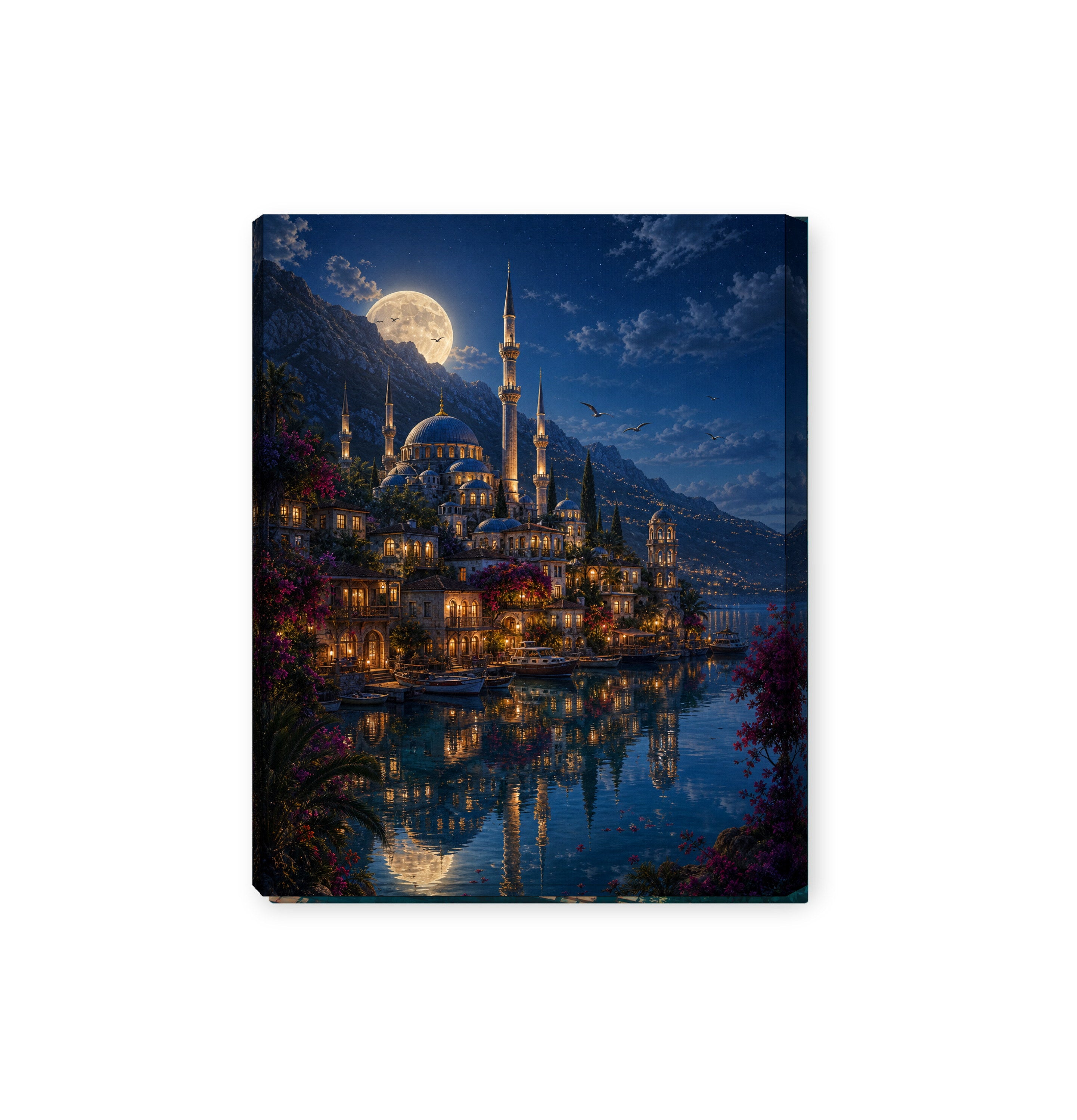 Bodrum Full Moon Mosque Harbor canvas wall art preview by Seji Art