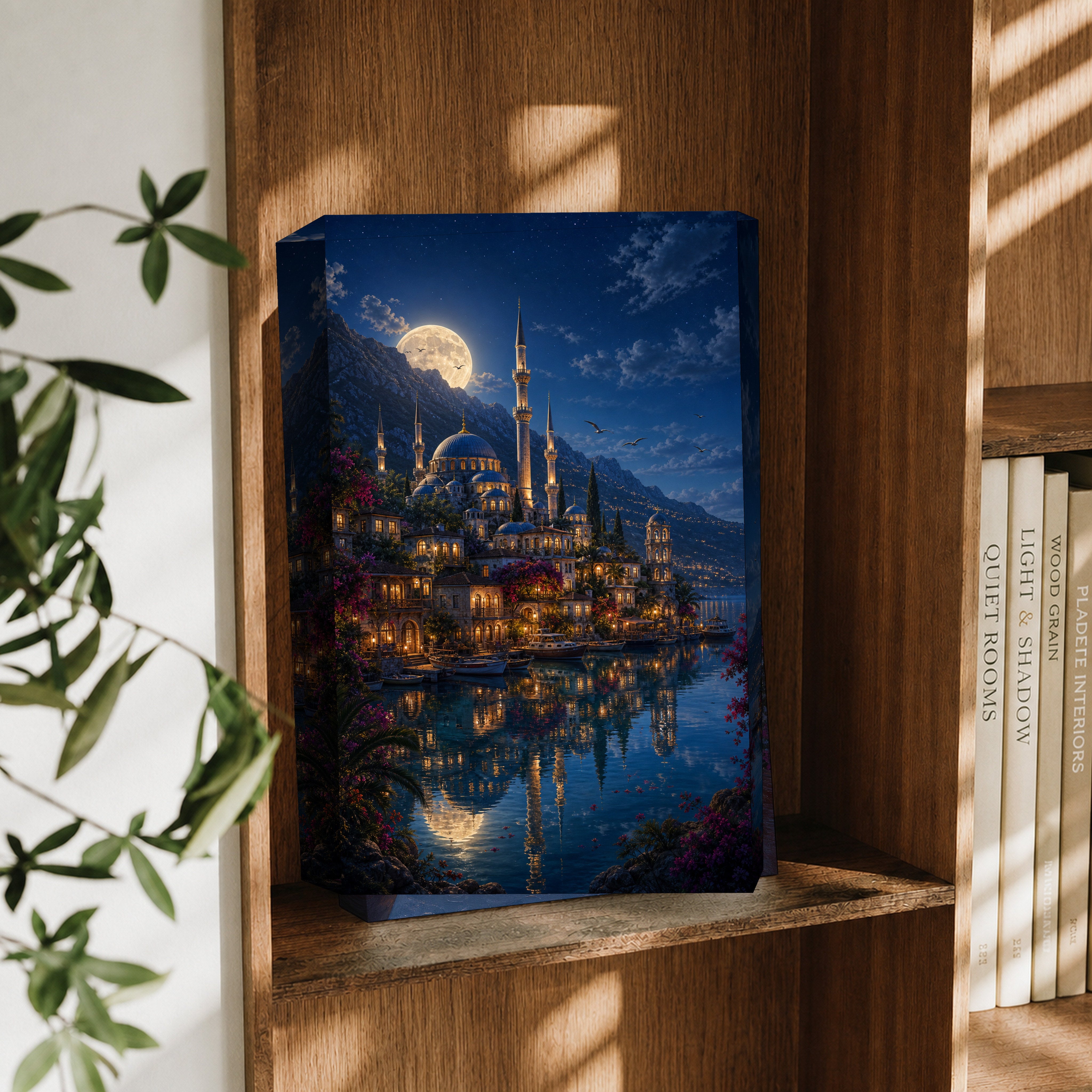 Bodrum Full Moon Mosque Harbor canvas wall art decor mockup by Seji Art