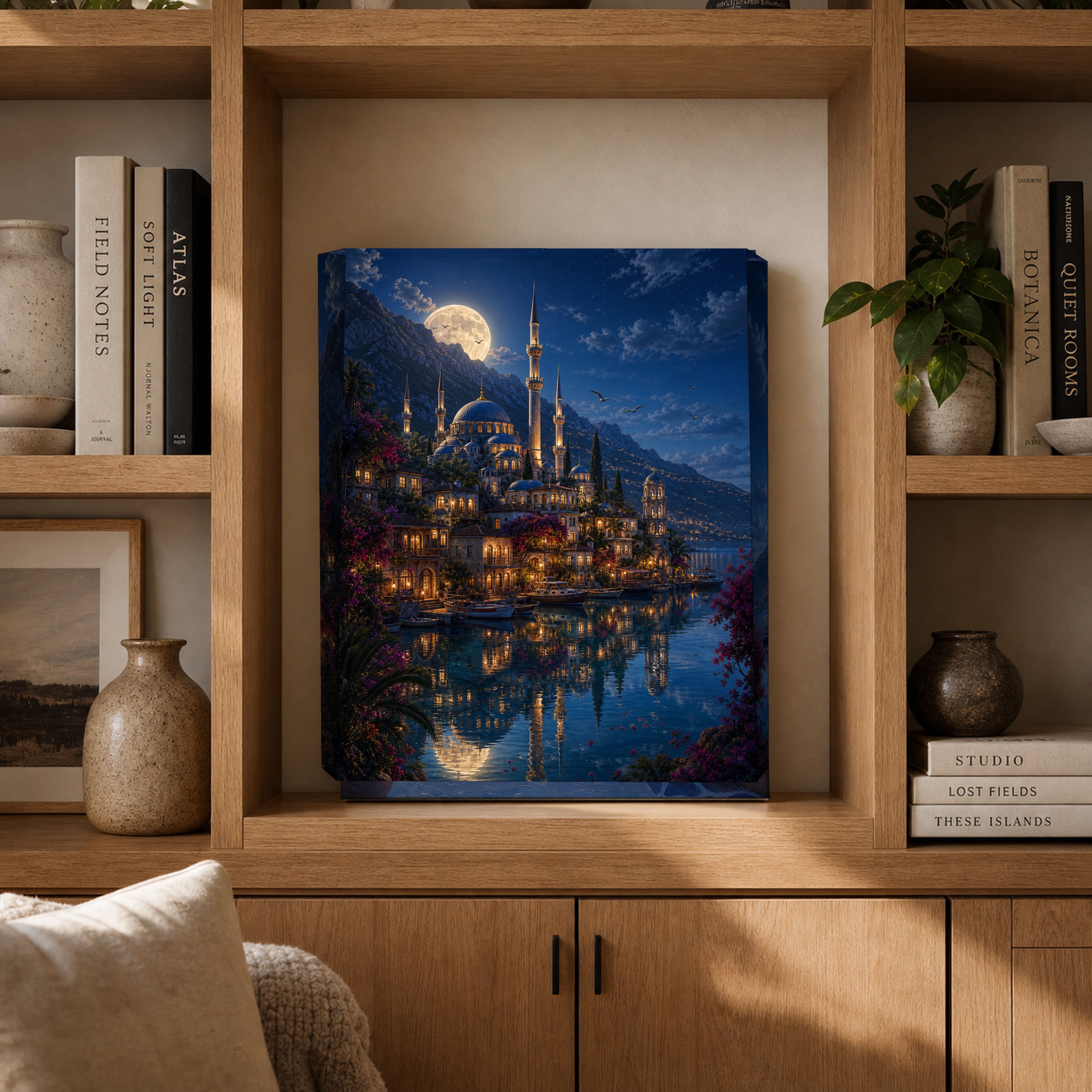 Bodrum Full Moon Mosque Harbor canvas gallery shelf mockup by Seji Art
