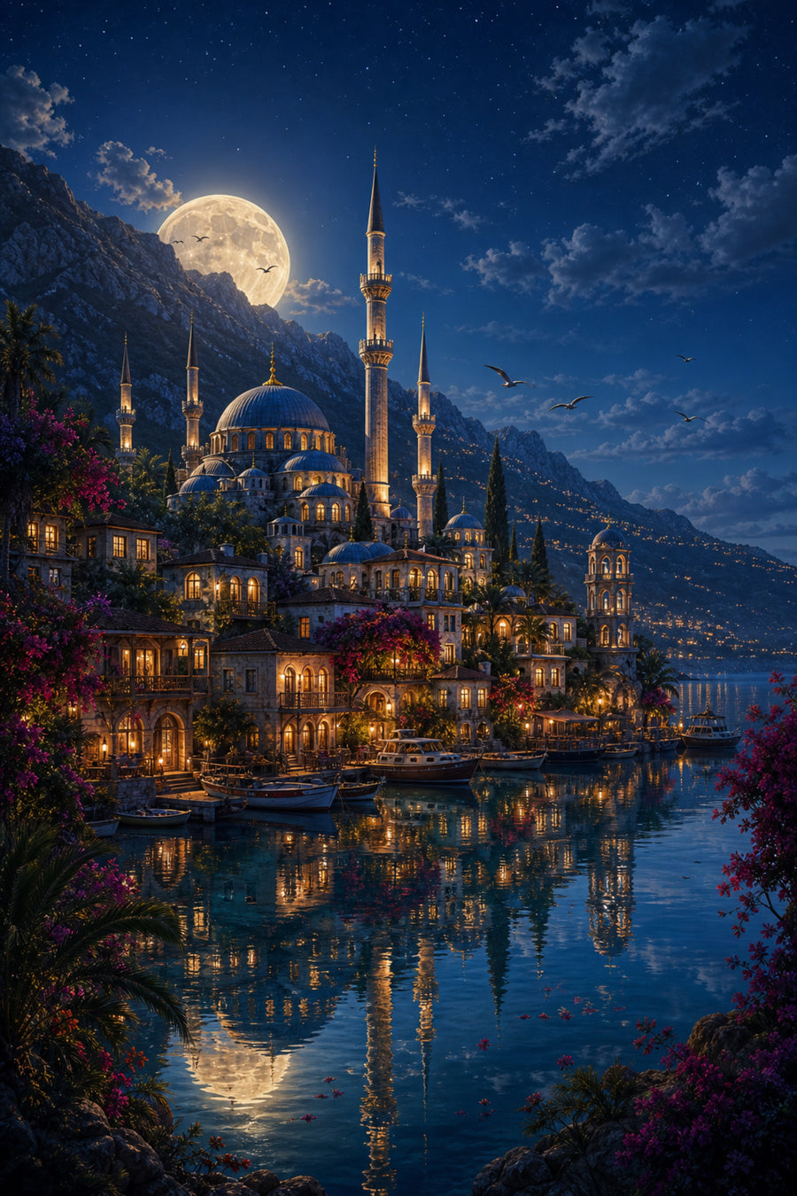 Bodrum Full Moon Mosque Harbor poster print preview by Seji Art