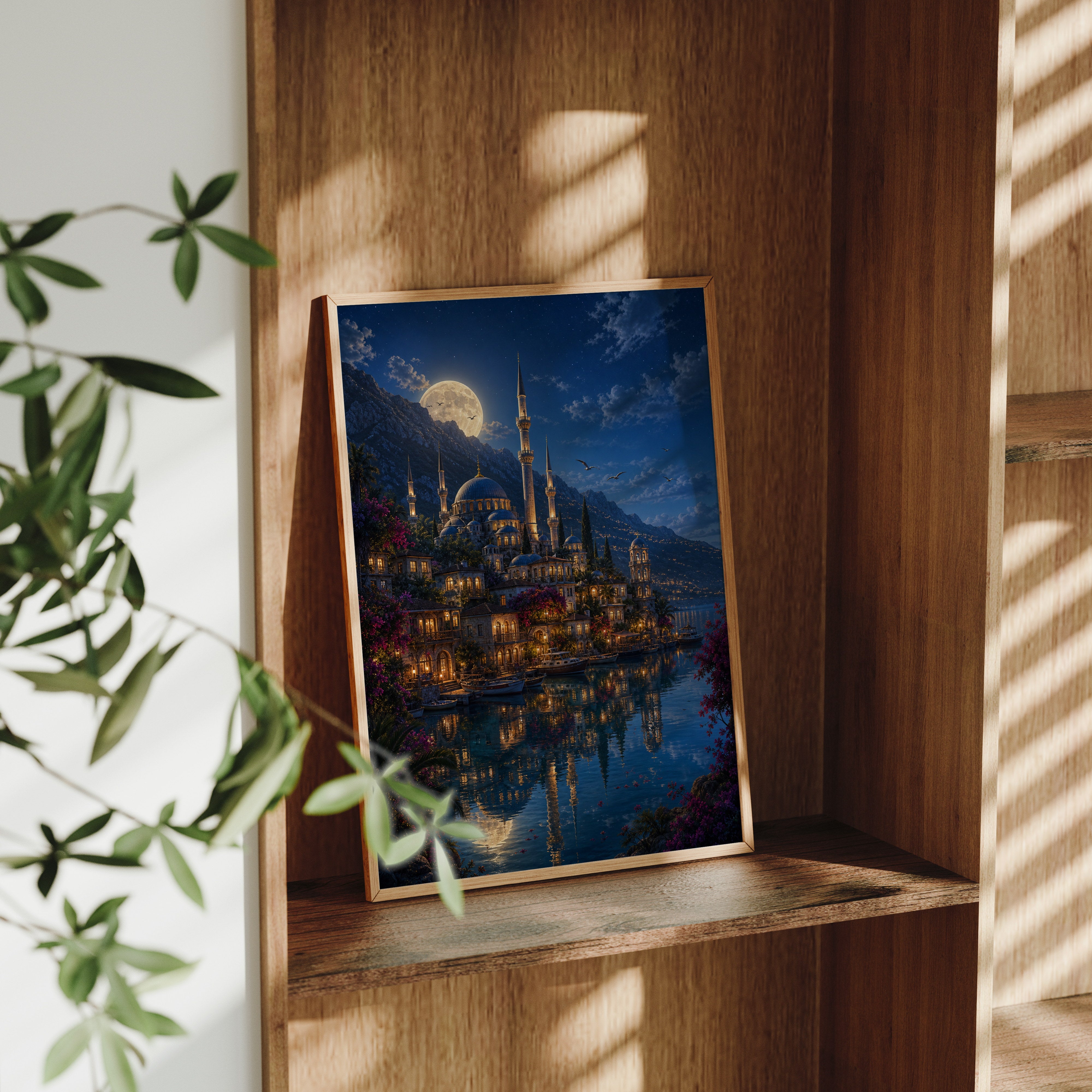 Bodrum Full Moon Mosque Harbor poster framed room mockup by Seji Art