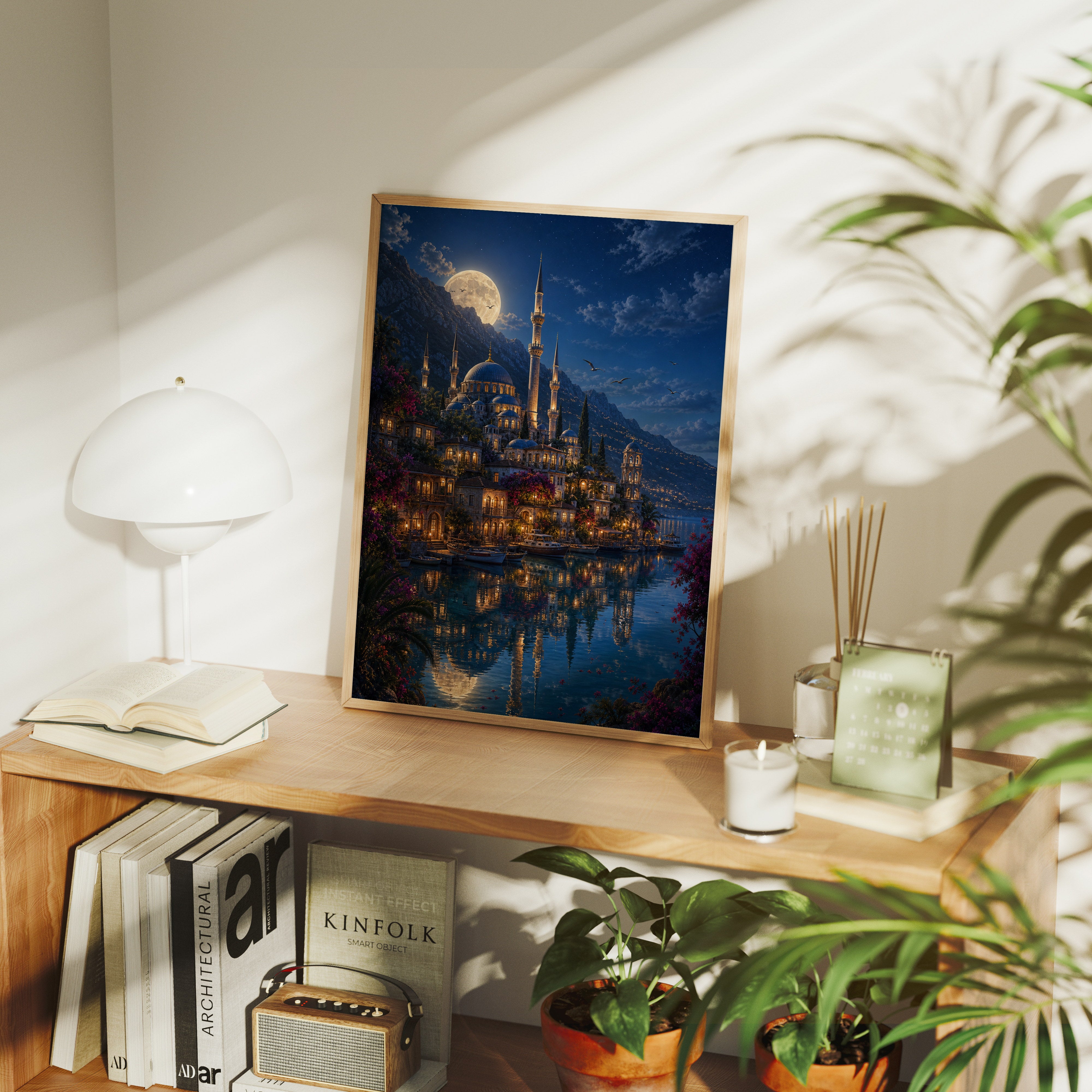 Bodrum Full Moon Mosque Harbor poster gallery shelf mockup by Seji Art